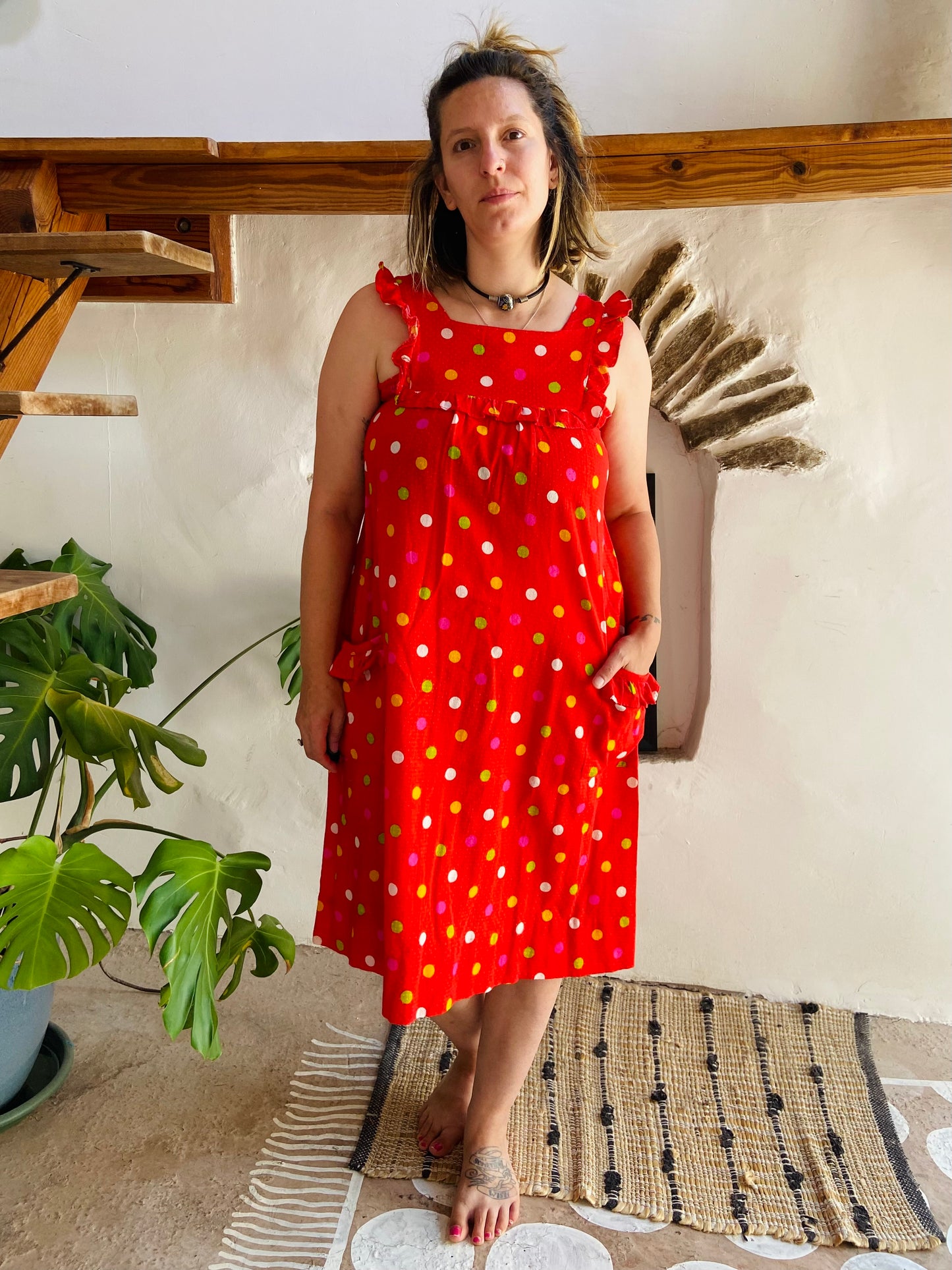 VINTAGE 80's Red Polkadot Midi Dress - M