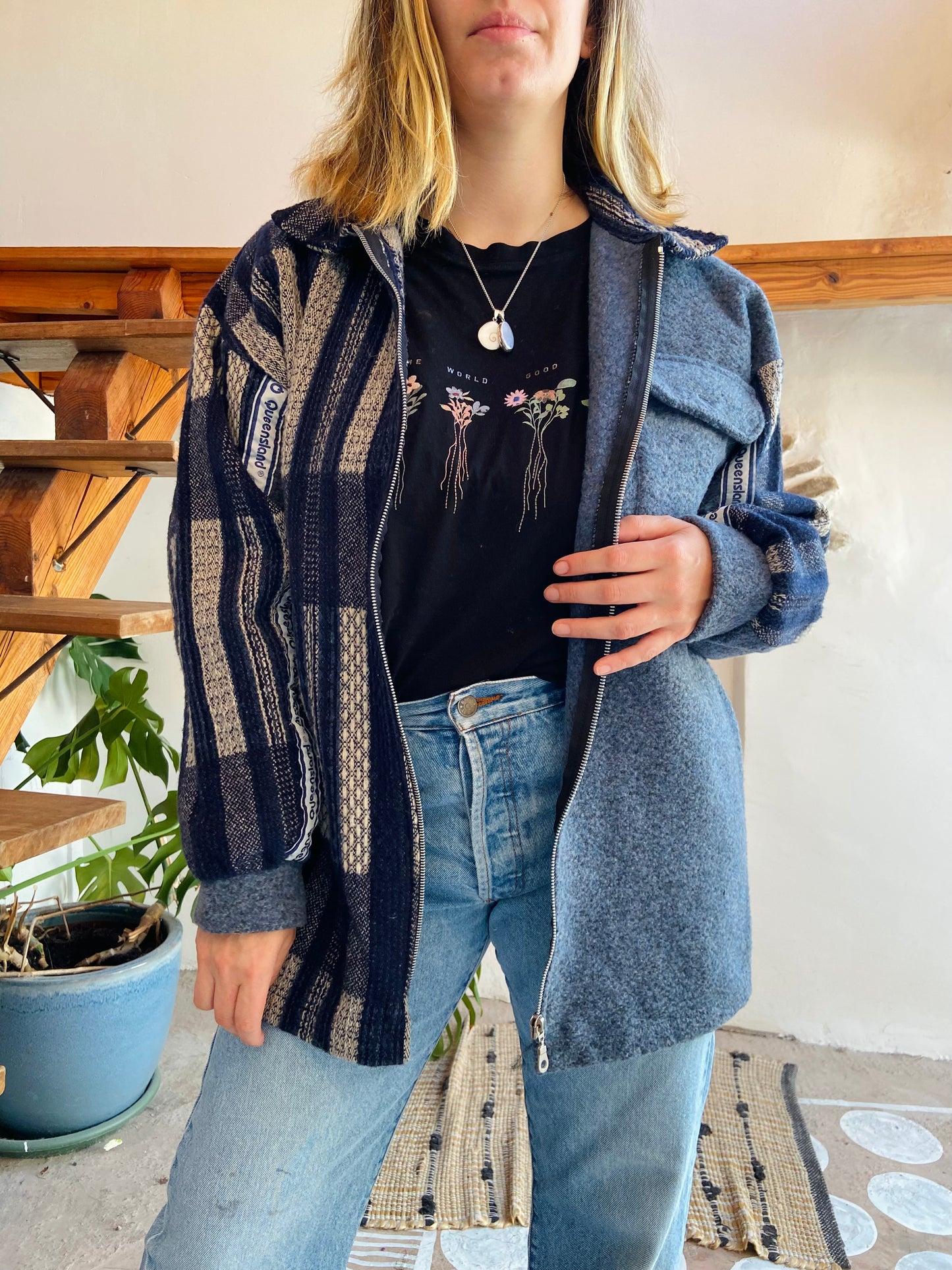 VINTAGE 90's Blue Hippie Woven Bohemian Zip Up Jacket - M