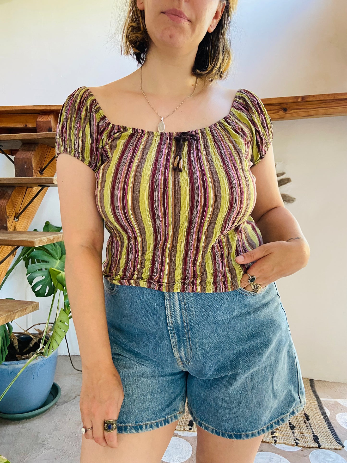 VINTAGE 90's Stripe Green & Purple Top - S/M