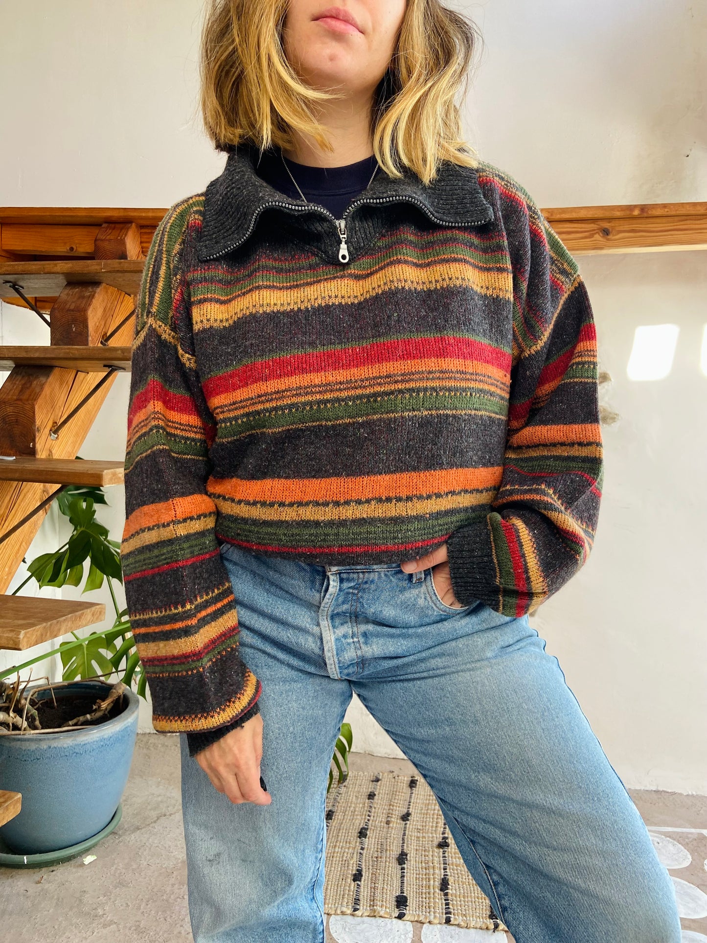 VINTAGE 90’s Multicolour Grey Stripe Oversized Jumper - L