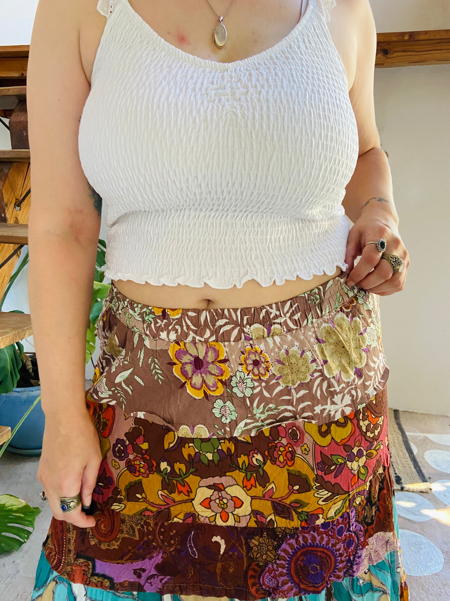 VINTAGE 90's Bohemian Patchwork Ruffle Maxi Skirt - L