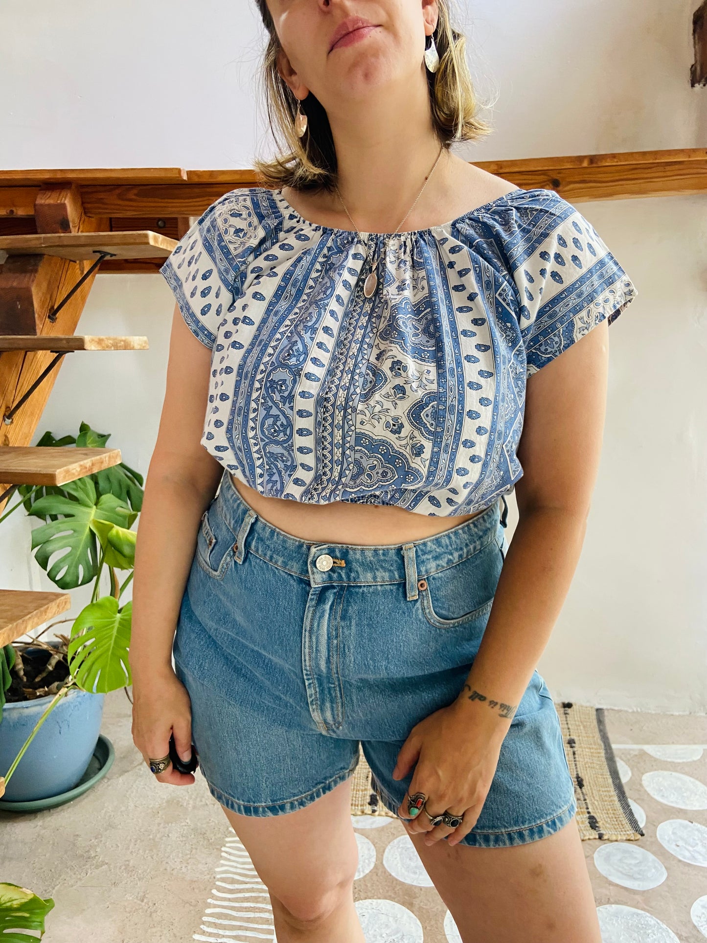 VINTAGE 90’s Provençal Blue Printed Off The Shoulder Top - M/L