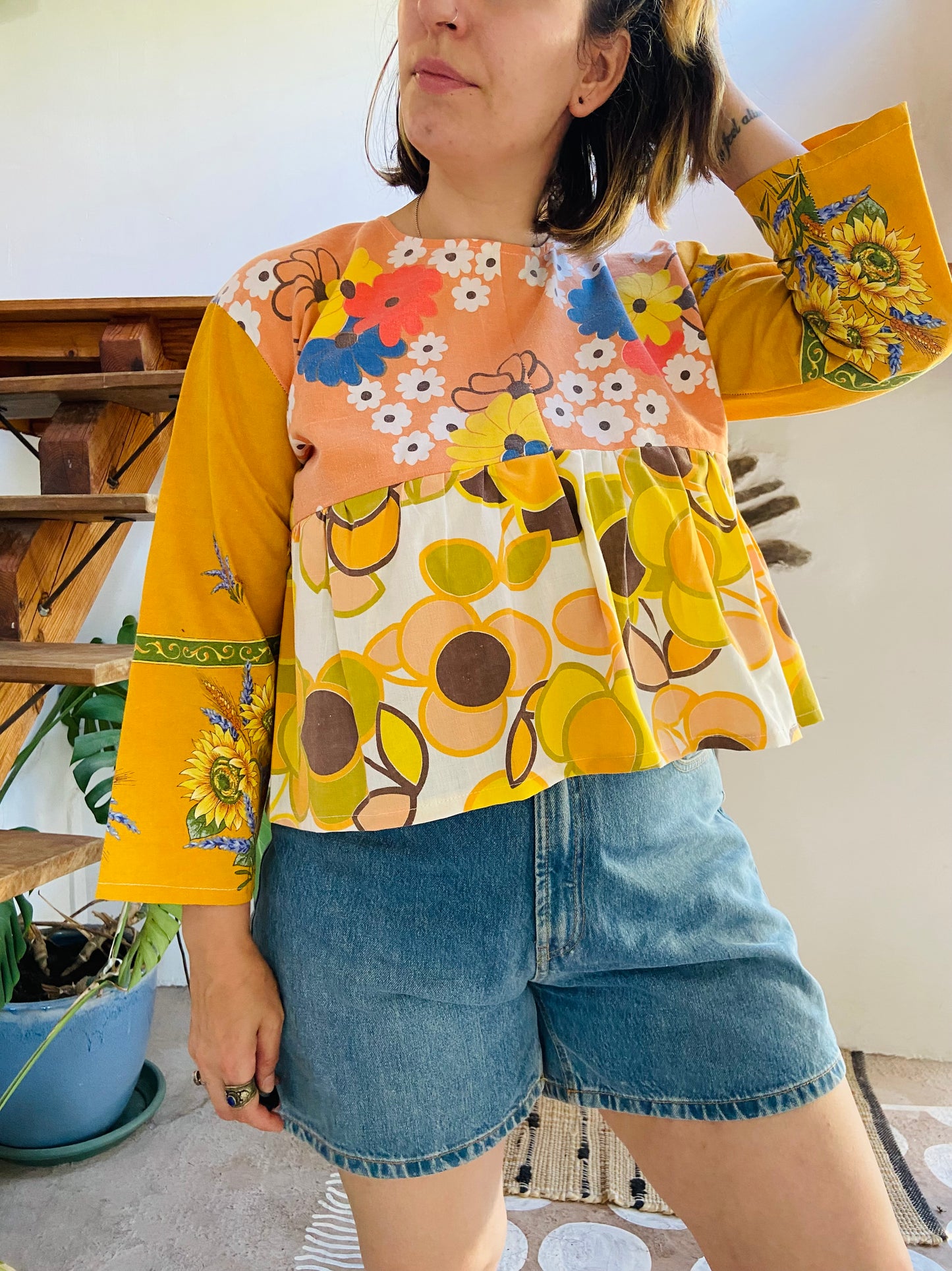 DESERT FOX Patchwork Orange Sunflower Floral Ruffle Top - M/L