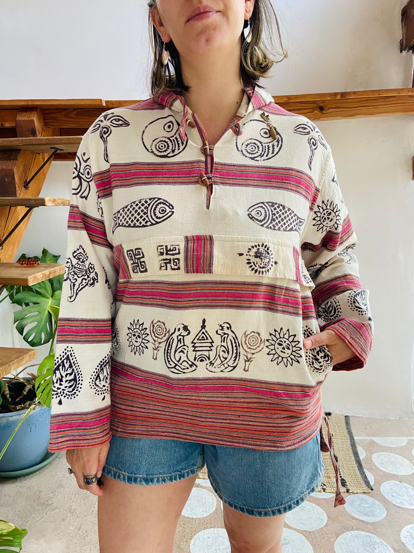 VINTAGE 90’s Hippie Stripe Peruvian Hooded Top - M