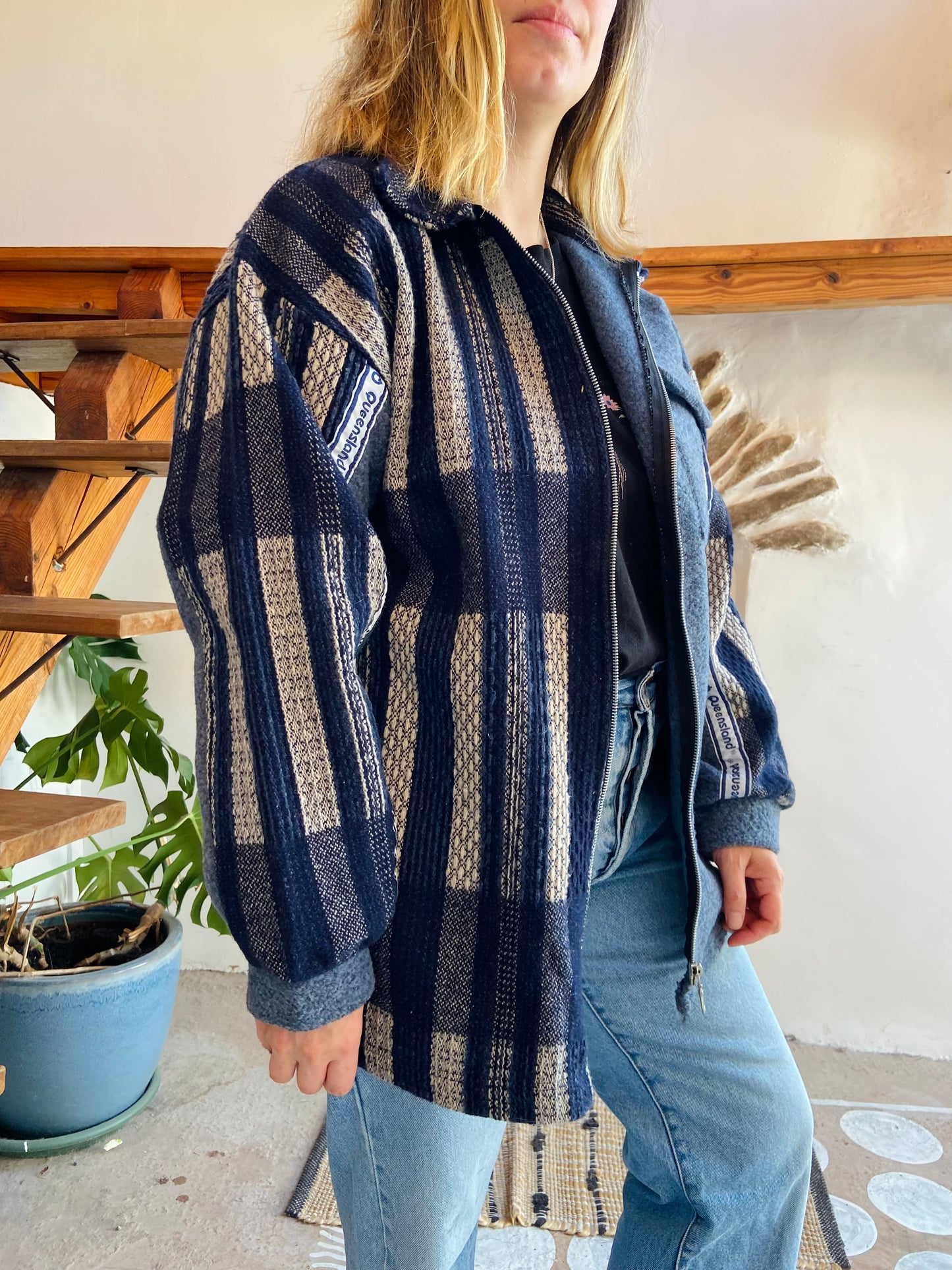 VINTAGE 90's Blue Hippie Woven Bohemian Zip Up Jacket - M