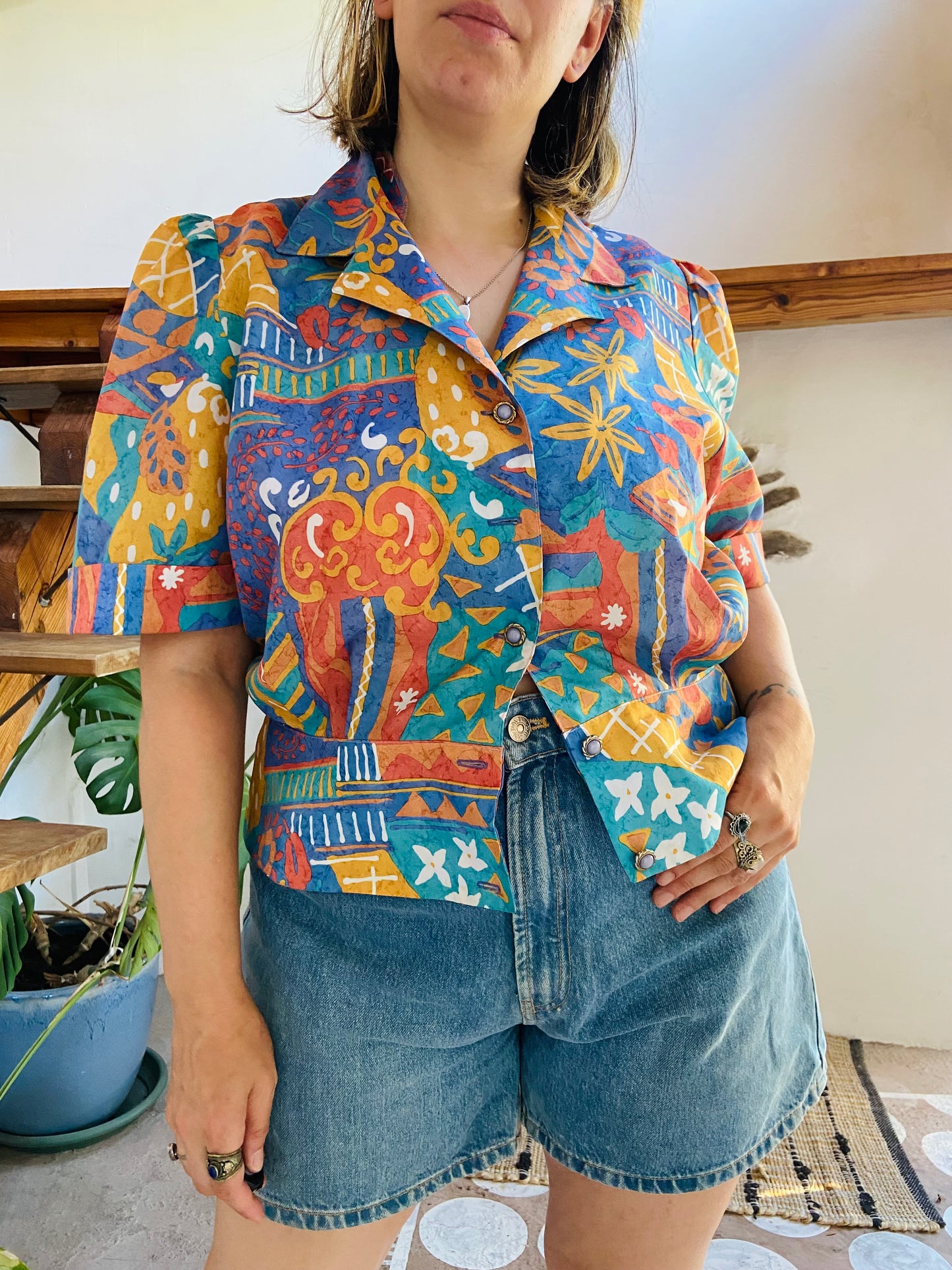 VINTAGE 80's Funky Patterned Short Sleeve Top - L
