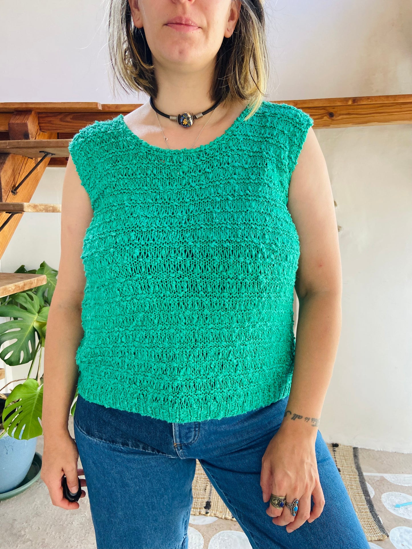 VINTAGE 80's Green Knitted Sleeveless Top - M/L
