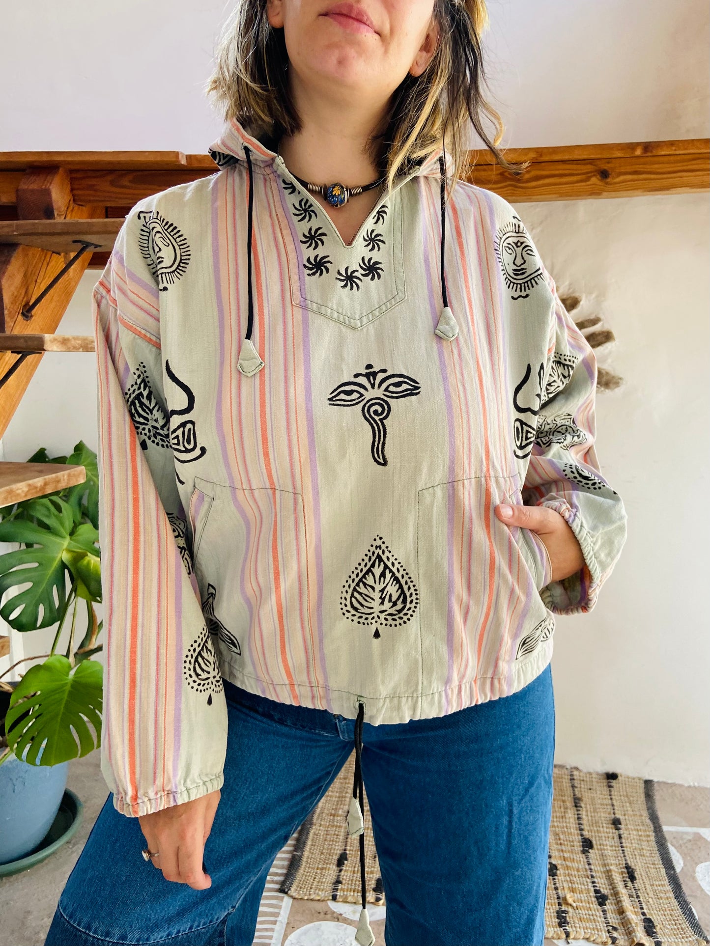 VINTAGE 90's Hippie Batik Long Sleeve Hooded Top - M/L