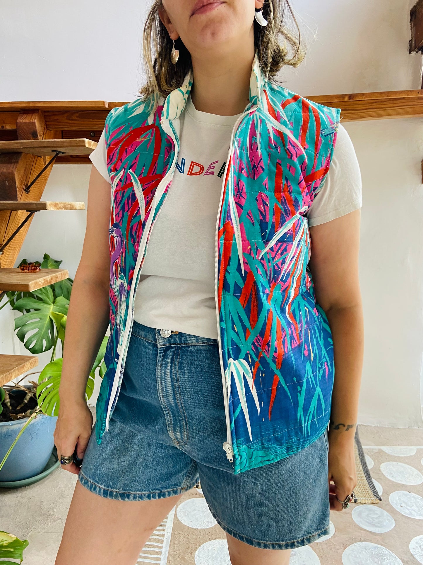 VINTAGE 80’s Bright Bird Print Gilet Jacket - M
