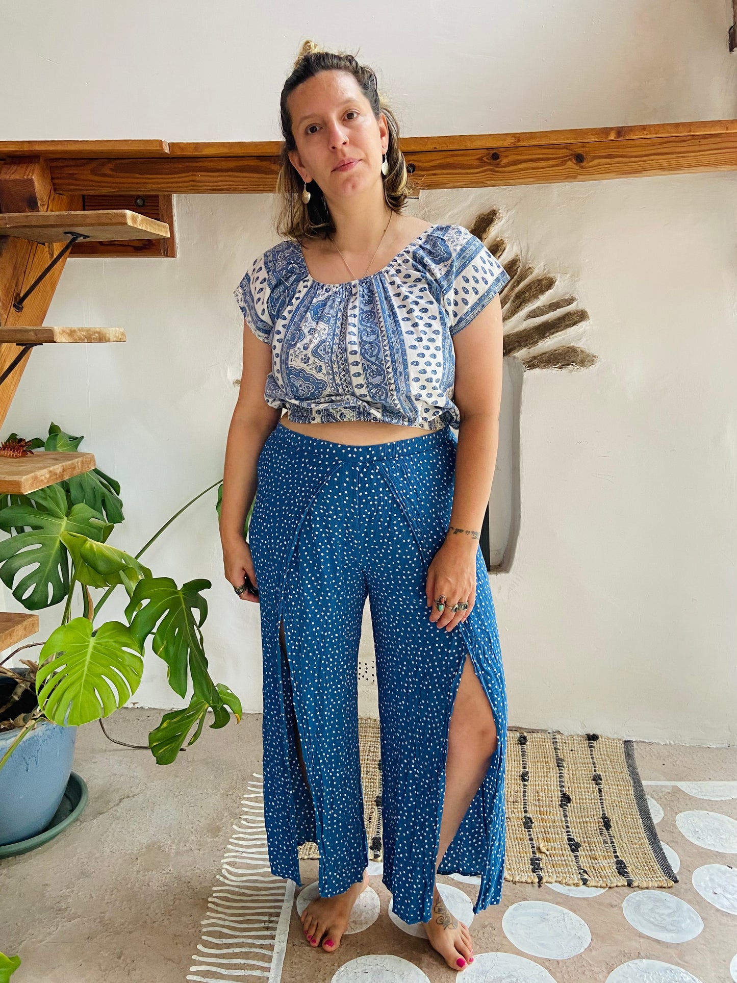 VINTAGE Blue Polkadot Slit Front Wide Leg Trousers - M