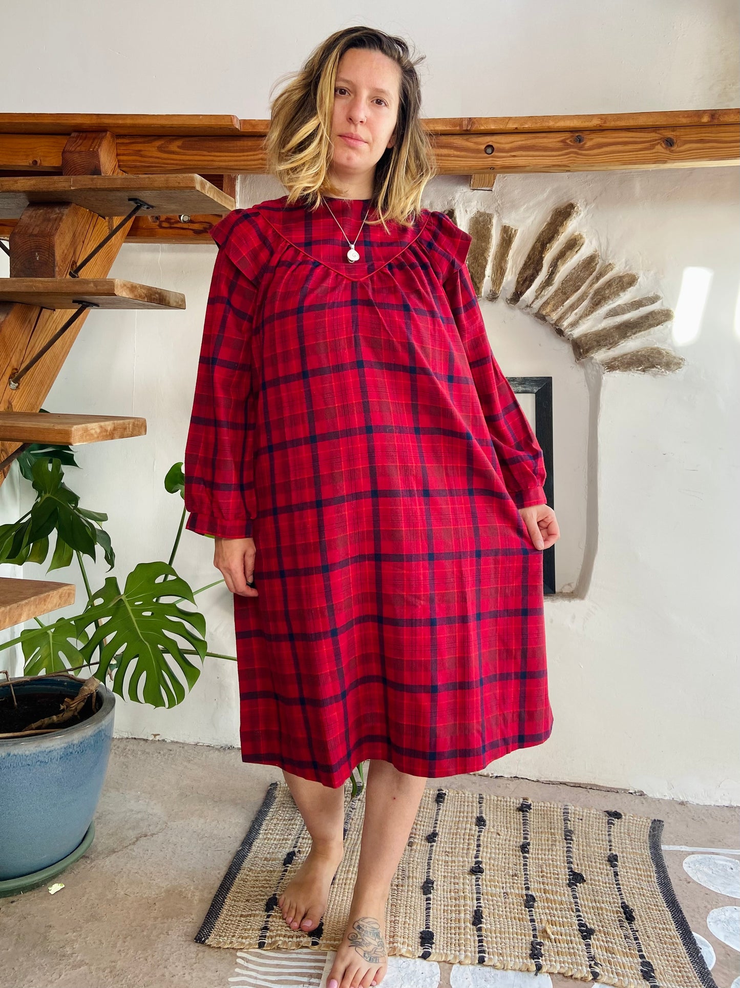 VINTAGE 80’s Tartan Checked Midi Dress - M/L