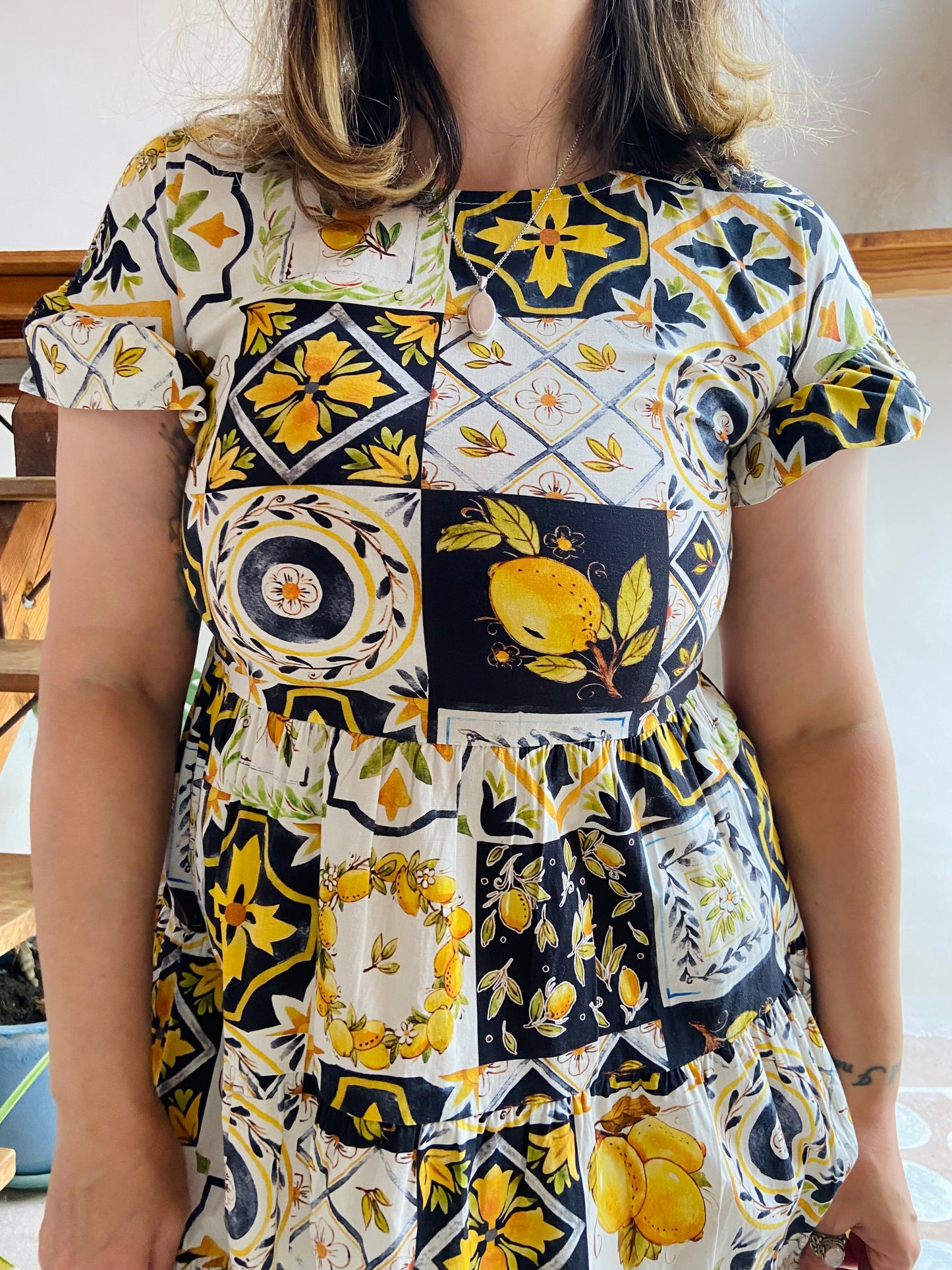 VINTAGE 70's Lemon Patchwork Print Cotton Sun Dress - S