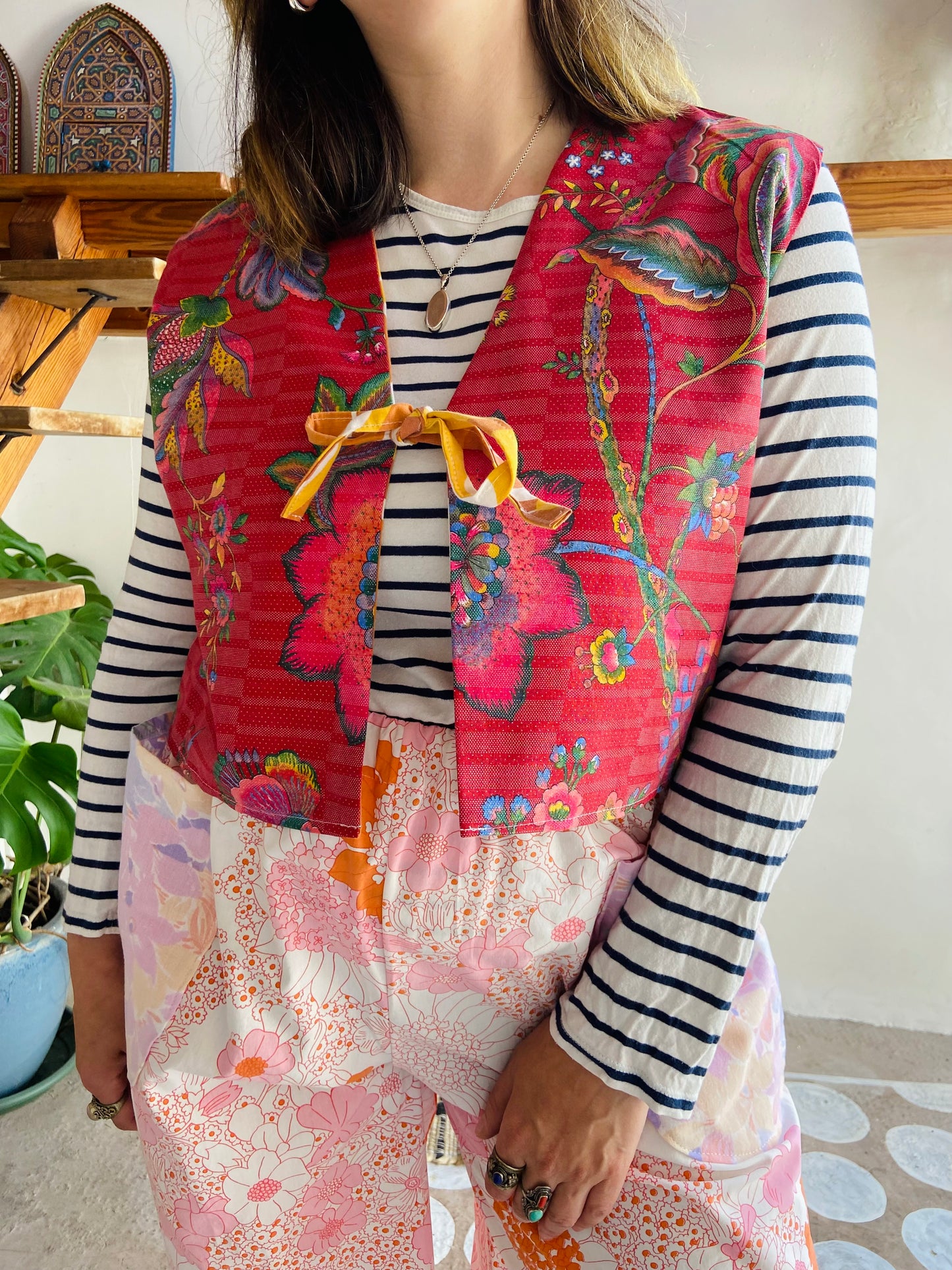 DESERT FOX Red Floral & 70's Orange Reversible Waistcoat - M/L