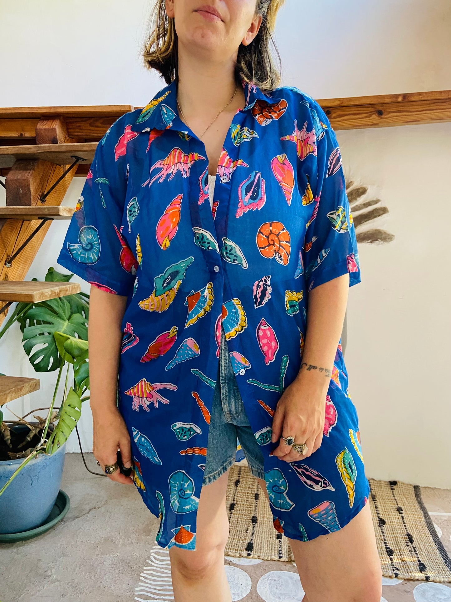 VINTAGE 90's Sea Shell Print Loose Floaty Shirt - L