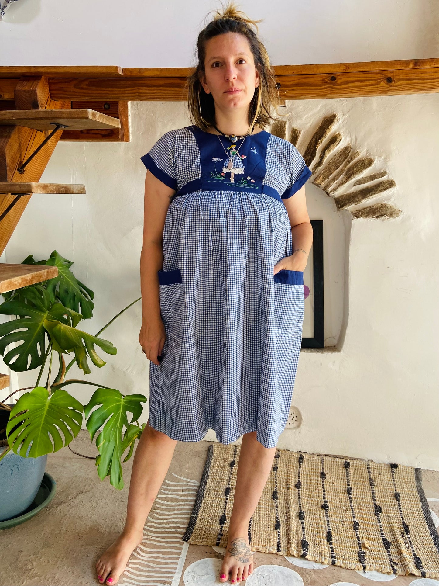 VINTAGE 70's Blue Embroidered Gingham Midi Dress - S/M