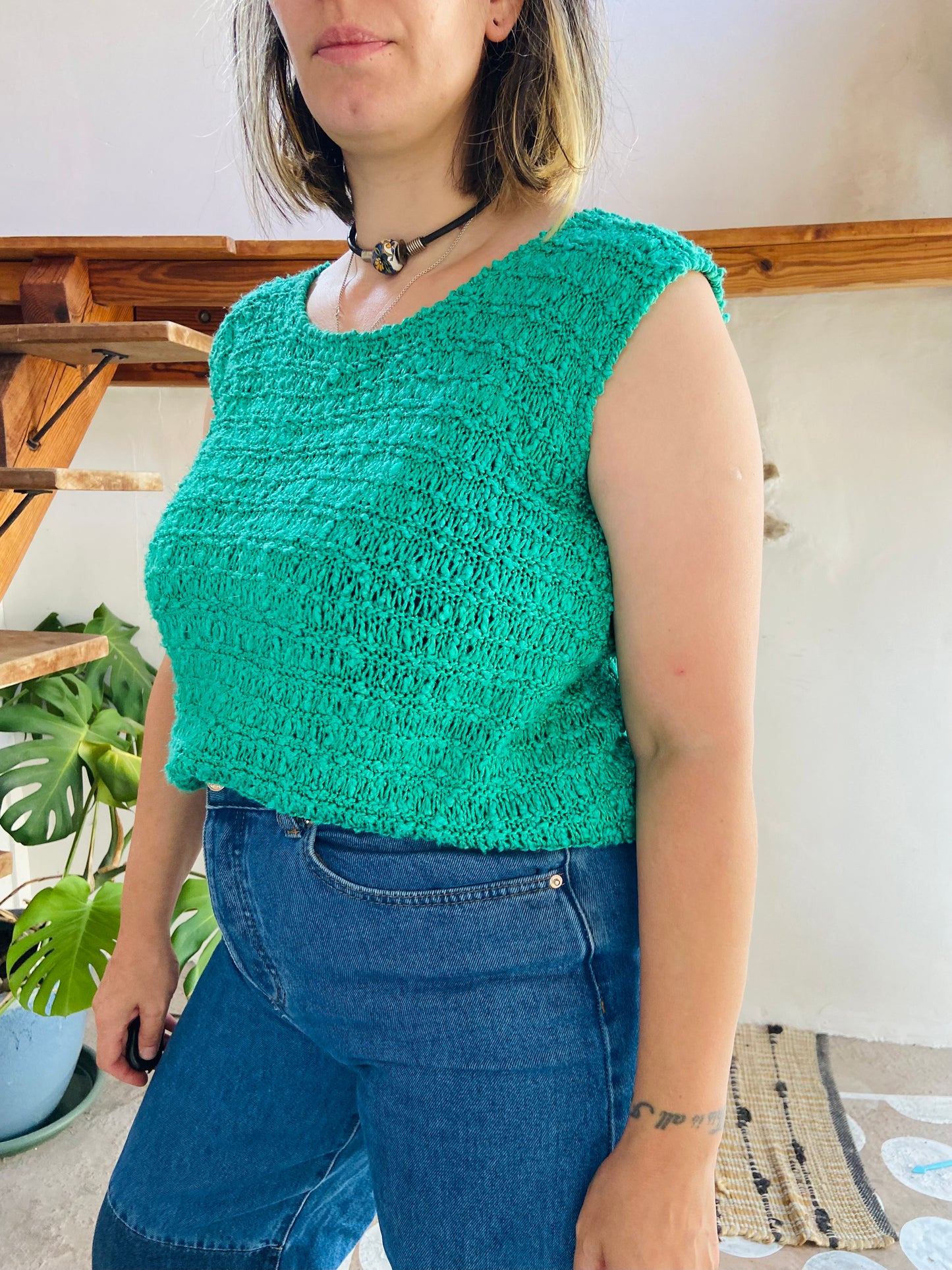 VINTAGE 80's Green Knitted Sleeveless Top - M/L