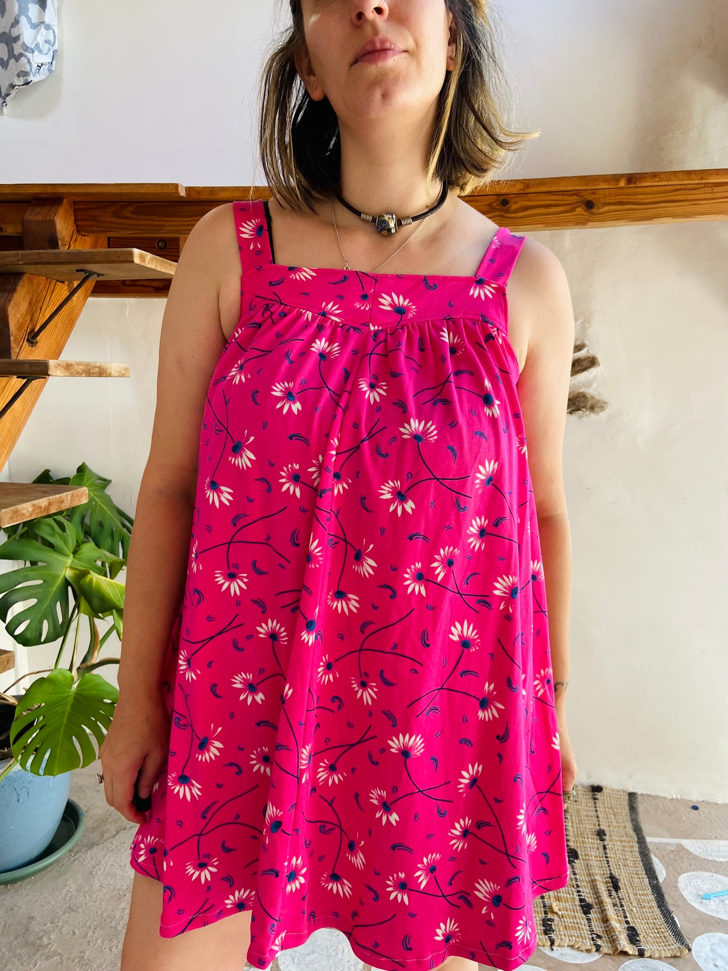 VINTAGE 90's Bright Pink Floral Mini Dress - M/L