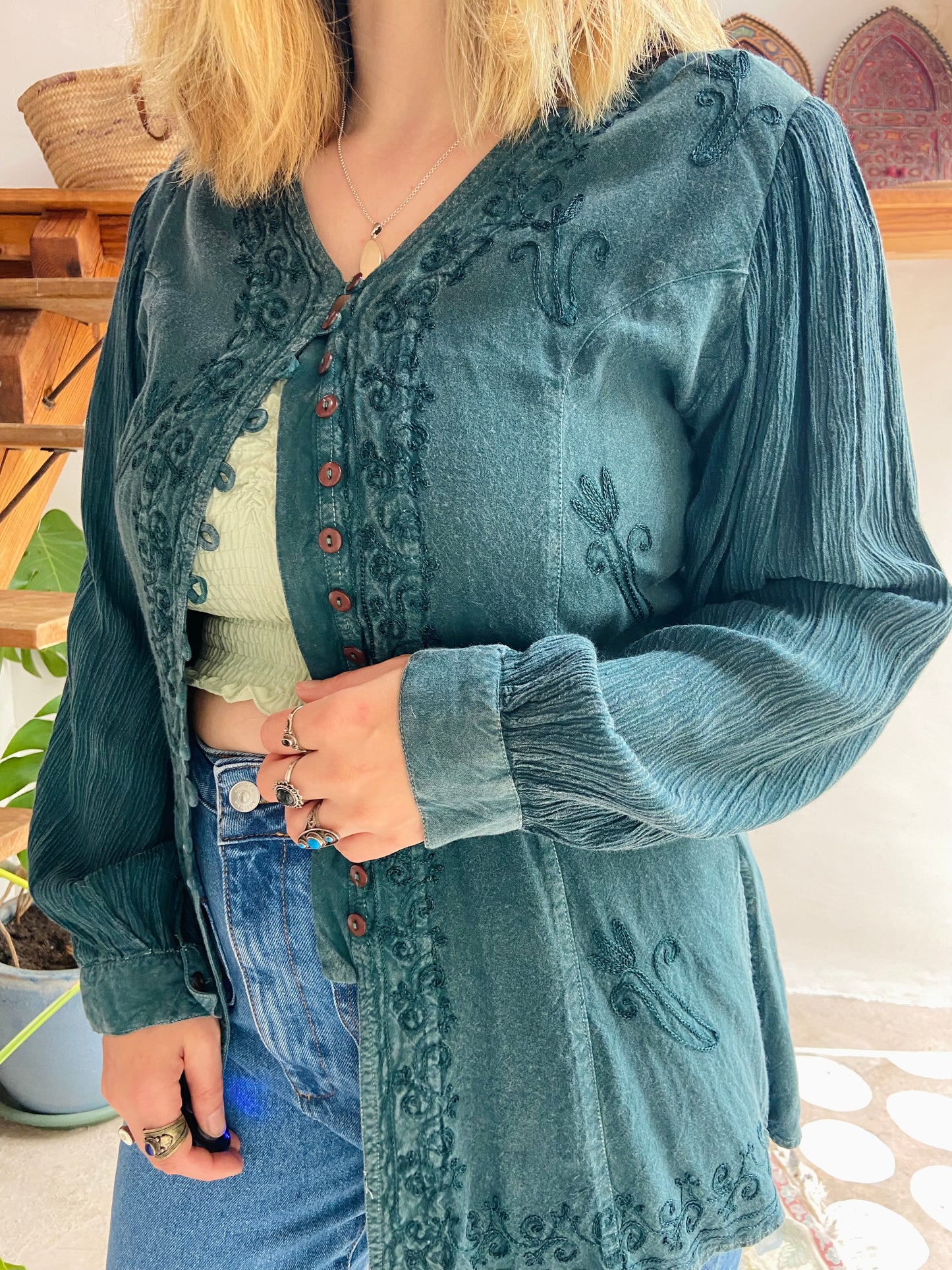 VINTAGE 90’s Emerald Embroidered Long Sleeve Bohemian Tunic Top - S/M