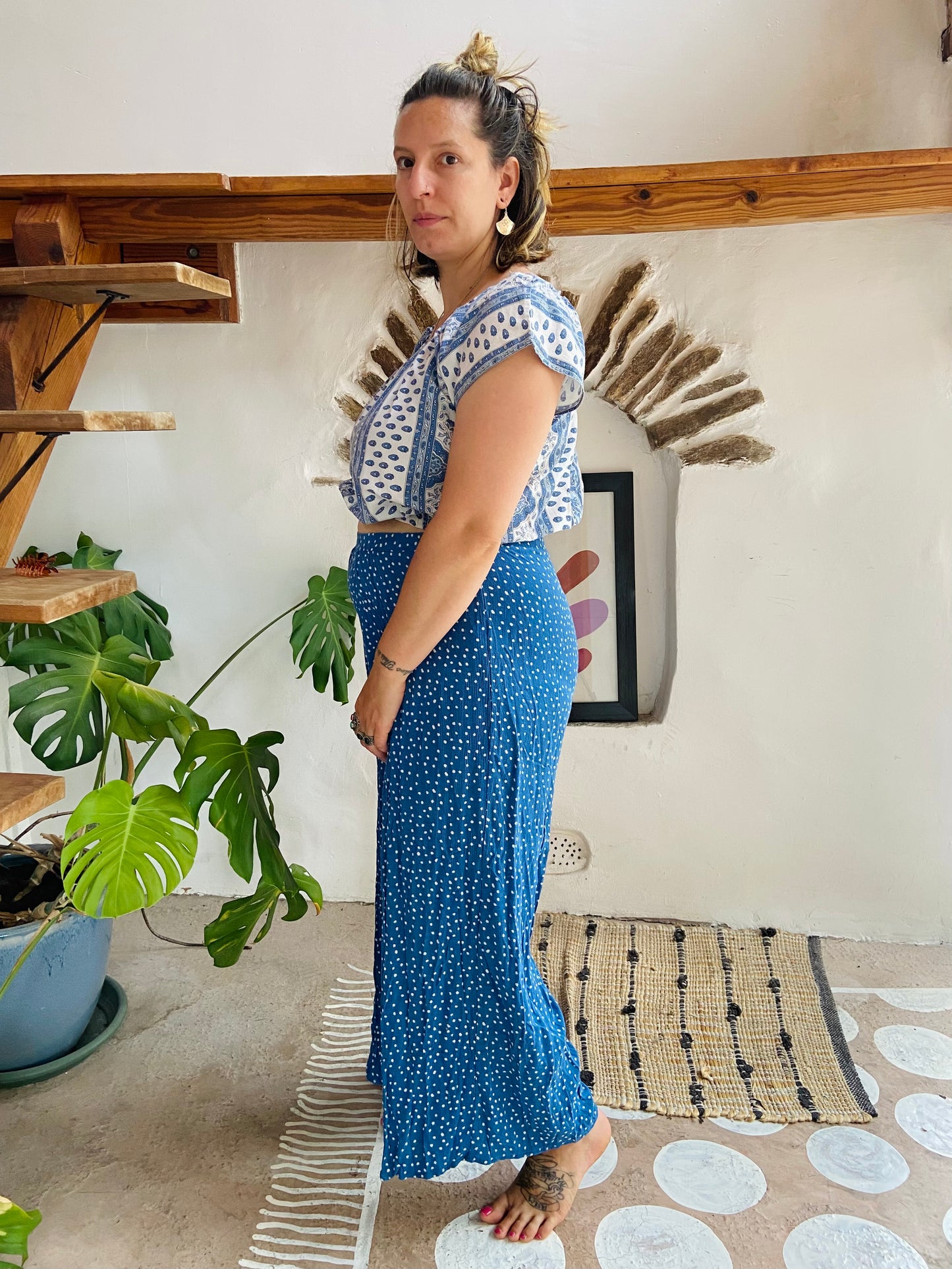 VINTAGE Blue Polkadot Slit Front Wide Leg Trousers - M