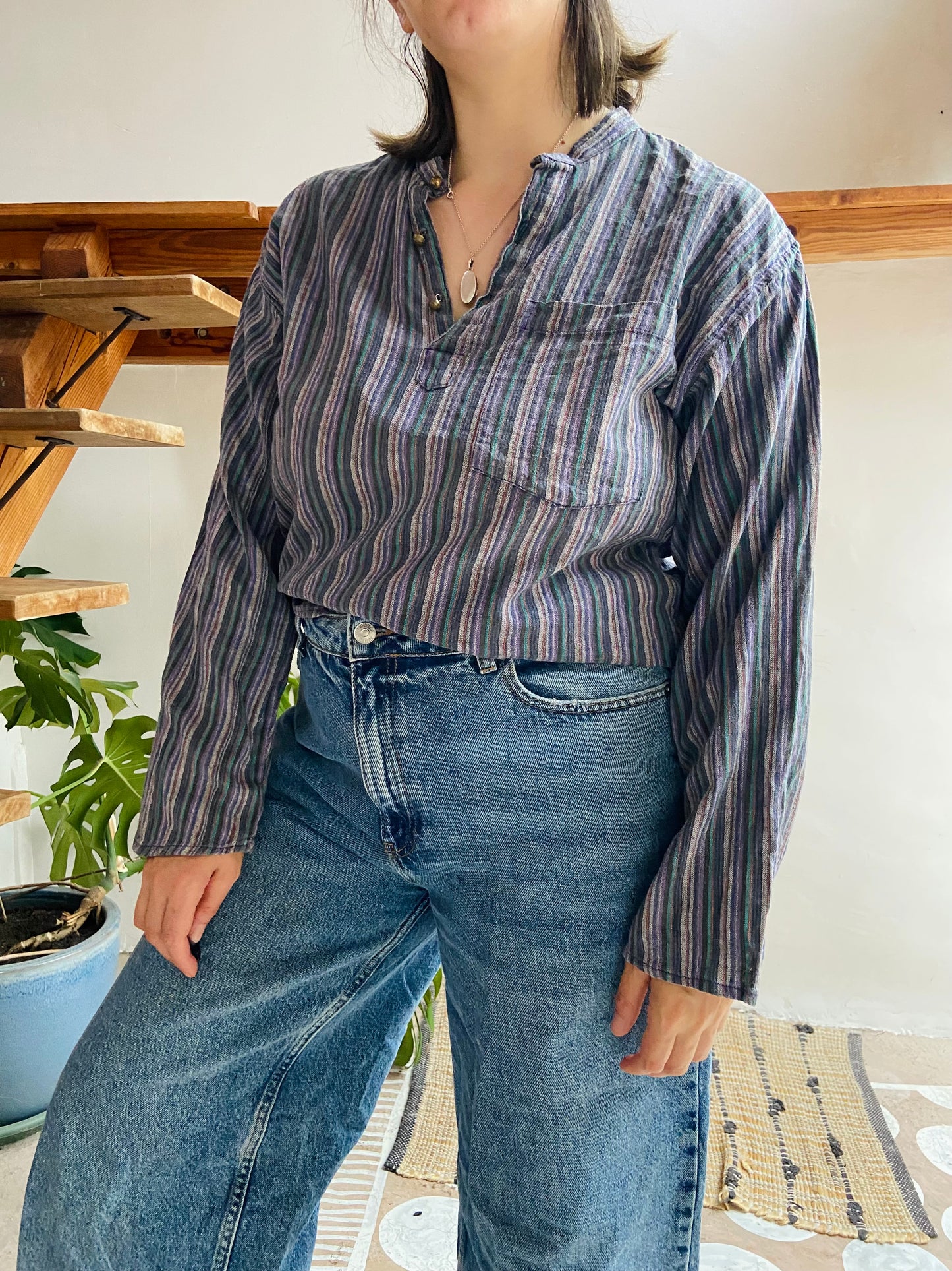 VINTAGE Hippie Blue Stripe Bohemian Long Sleeve Tunic Top - M/L