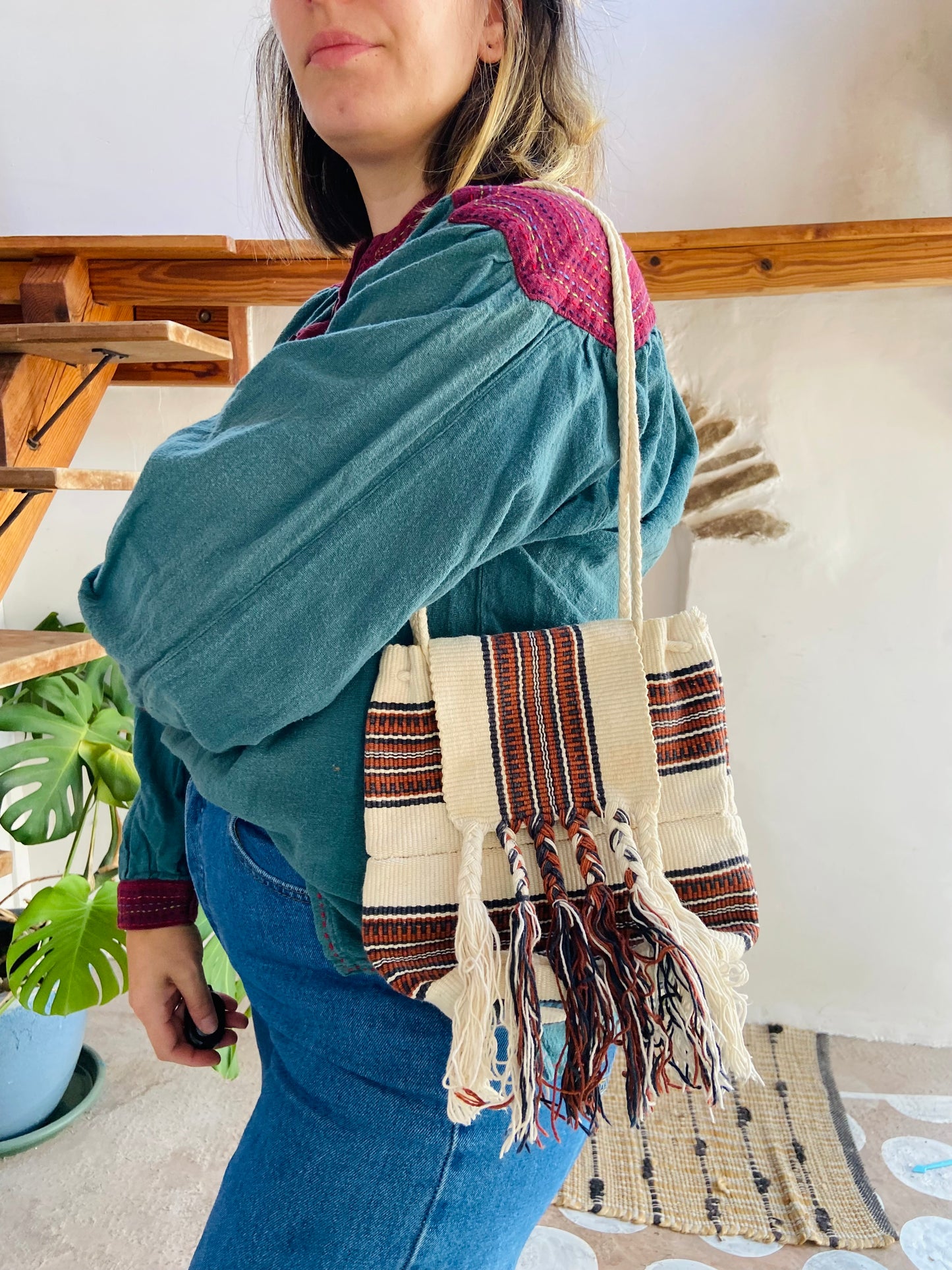 VINTAGE 90's Bohemian Fringe Cotton Shoulder Bag - ONE SIZE