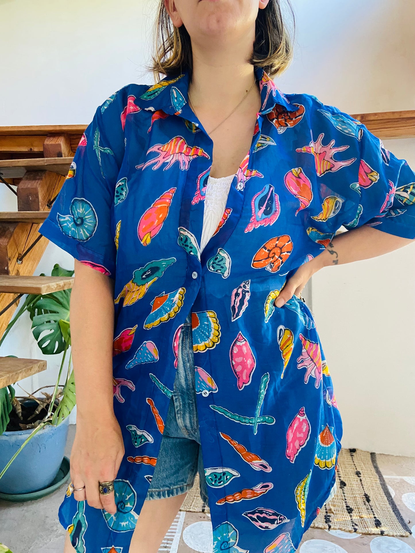 VINTAGE 90's Sea Shell Print Loose Floaty Shirt - L