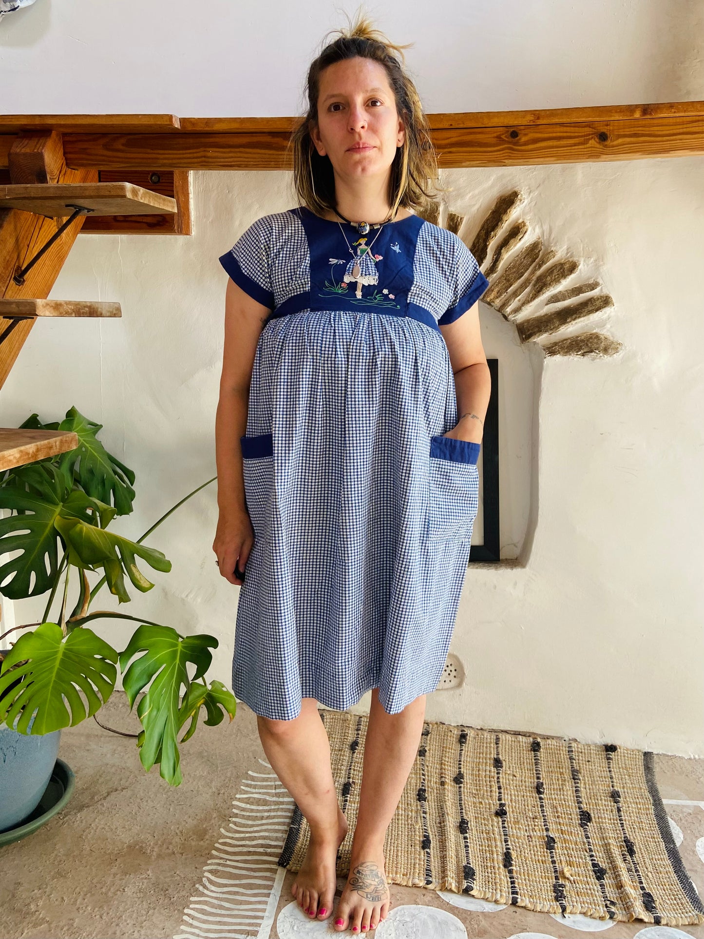 VINTAGE 70's Blue Embroidered Gingham Midi Dress - S/M