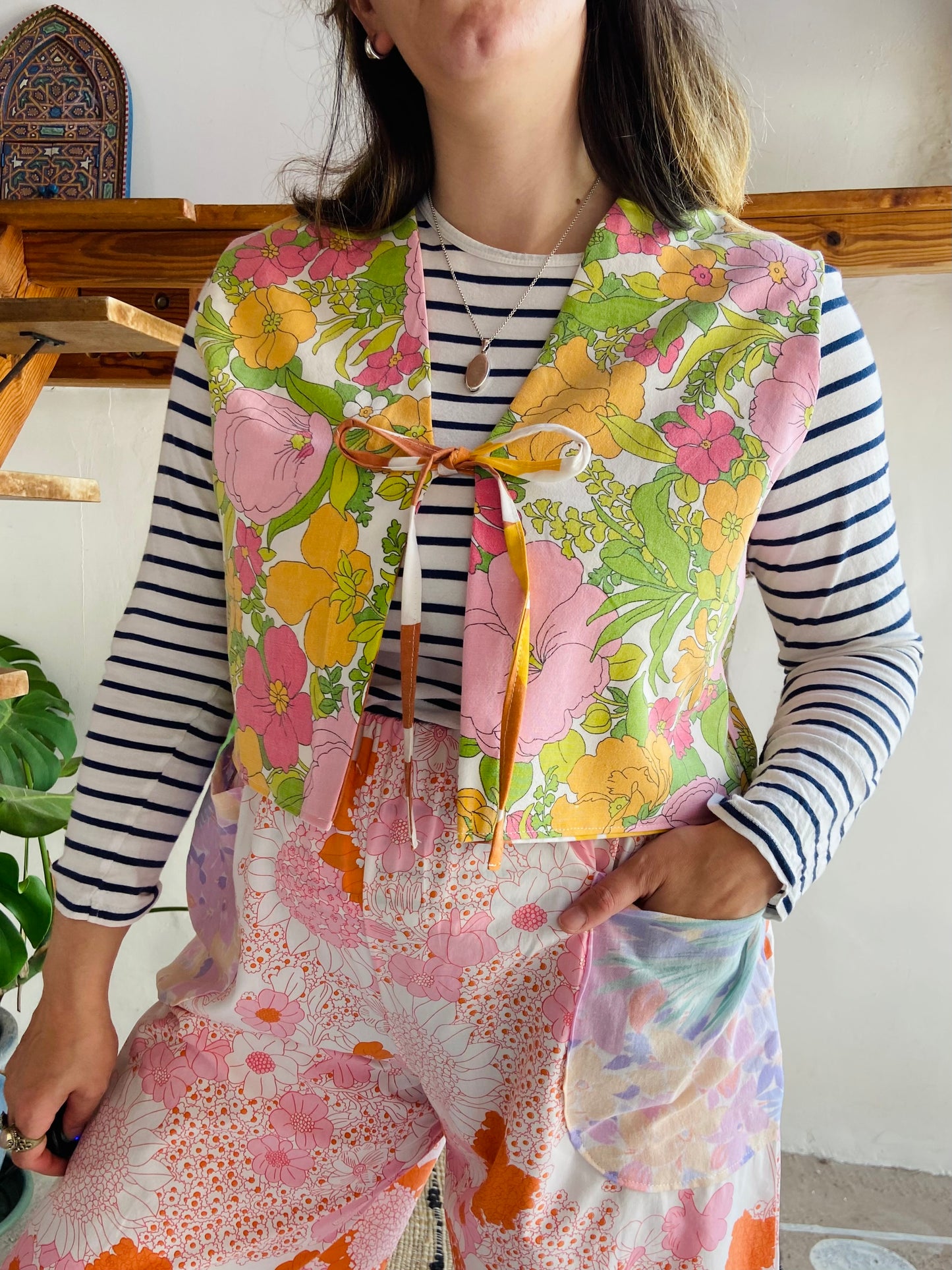 DESERT FOX 70's Orange & Pink Floral Reversible Waistcoat - S/M