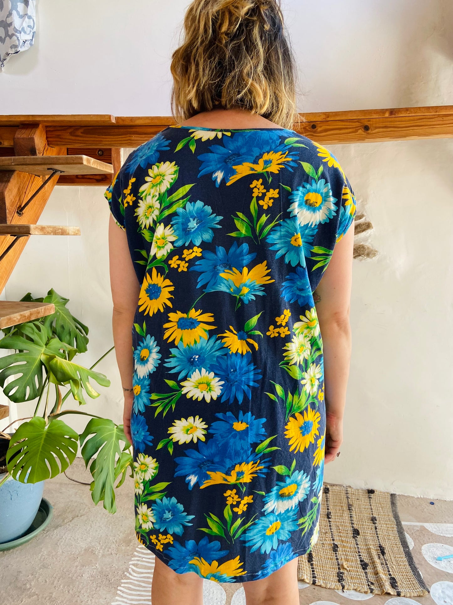 VINTAGE 90's Blue & Green Floral Loose Mini Dress - L