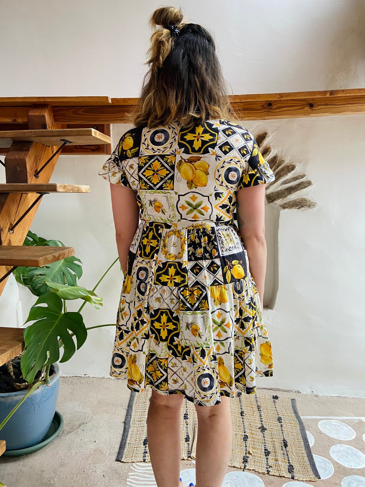 VINTAGE 70's Lemon Patchwork Print Cotton Sun Dress - S
