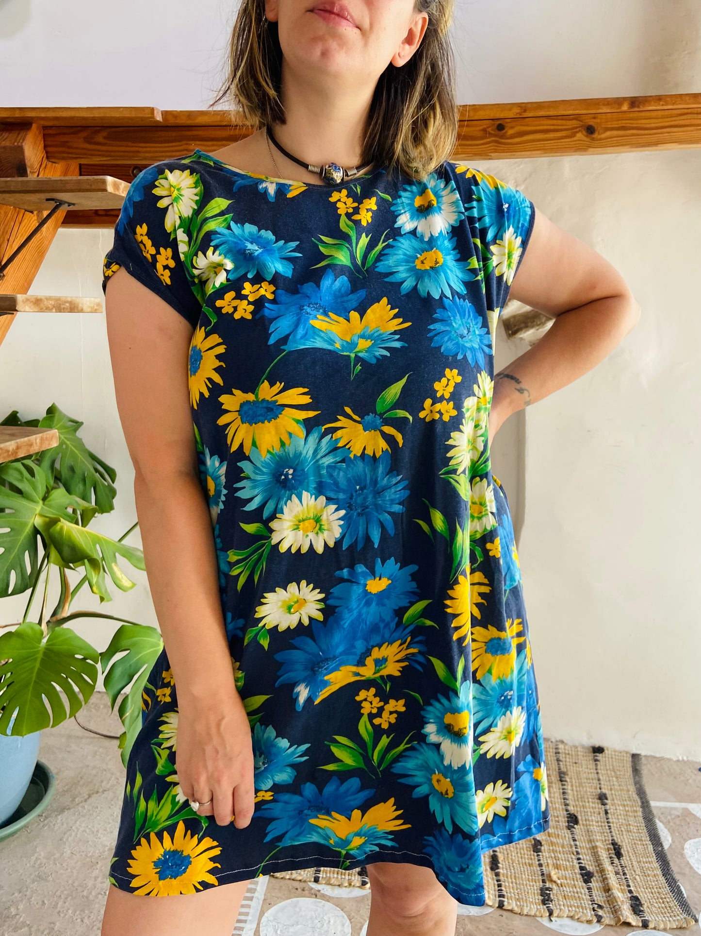 VINTAGE 90's Blue & Green Floral Loose Mini Dress - L