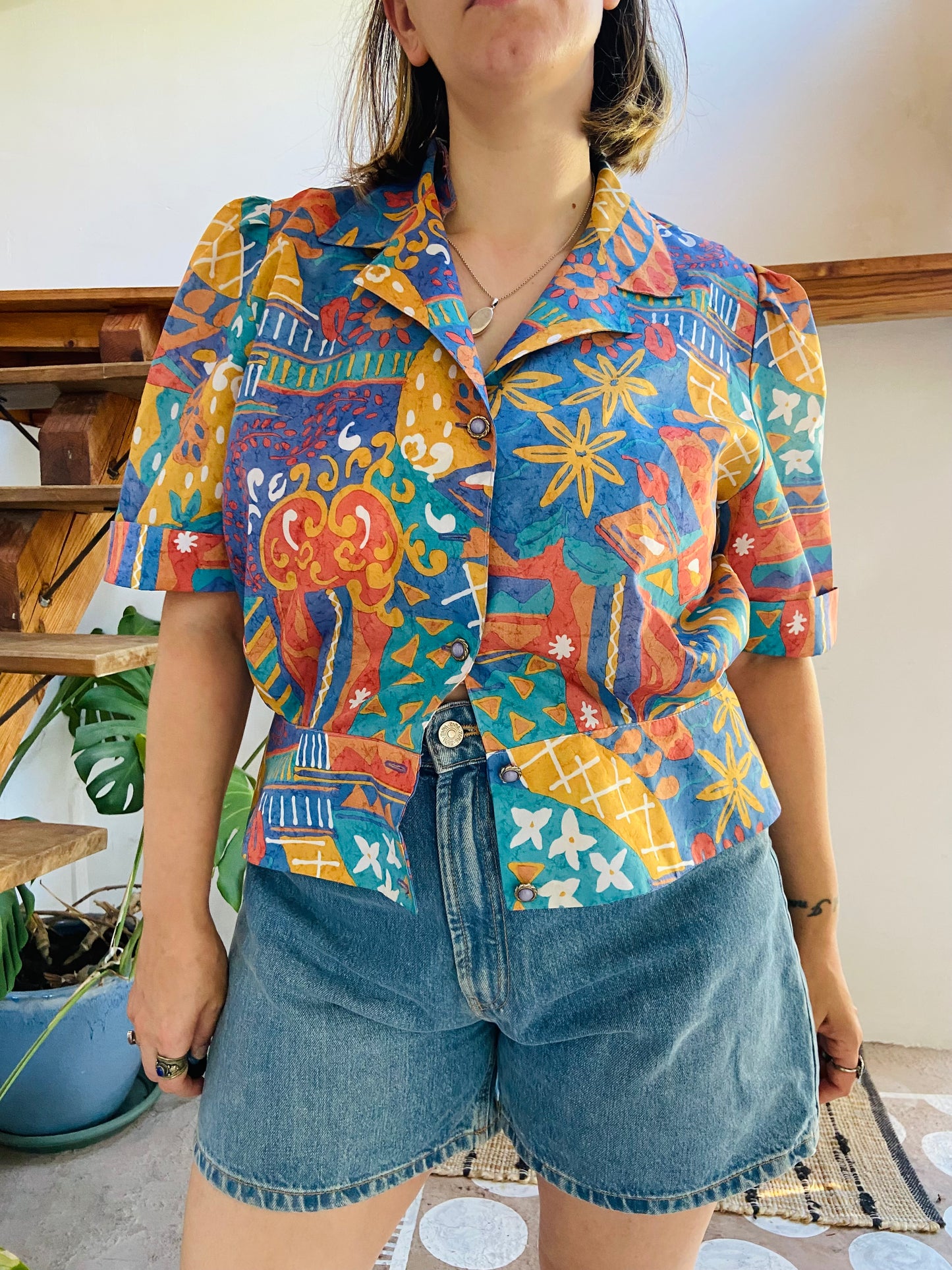 VINTAGE 80's Funky Patterned Short Sleeve Top - L