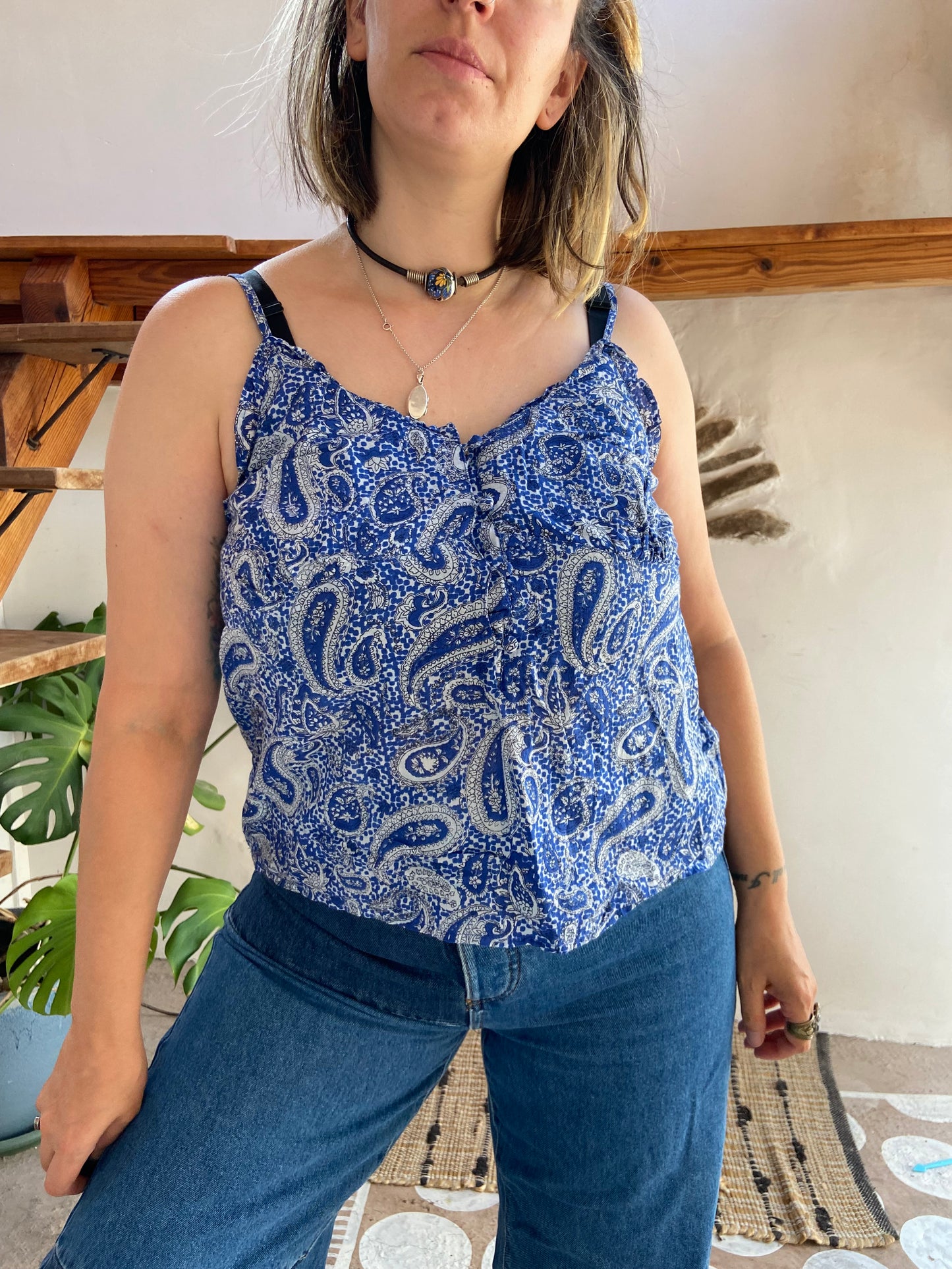 VINTAGE 90's Blue Paisley Bohemian Strappy Cami Top - S/M