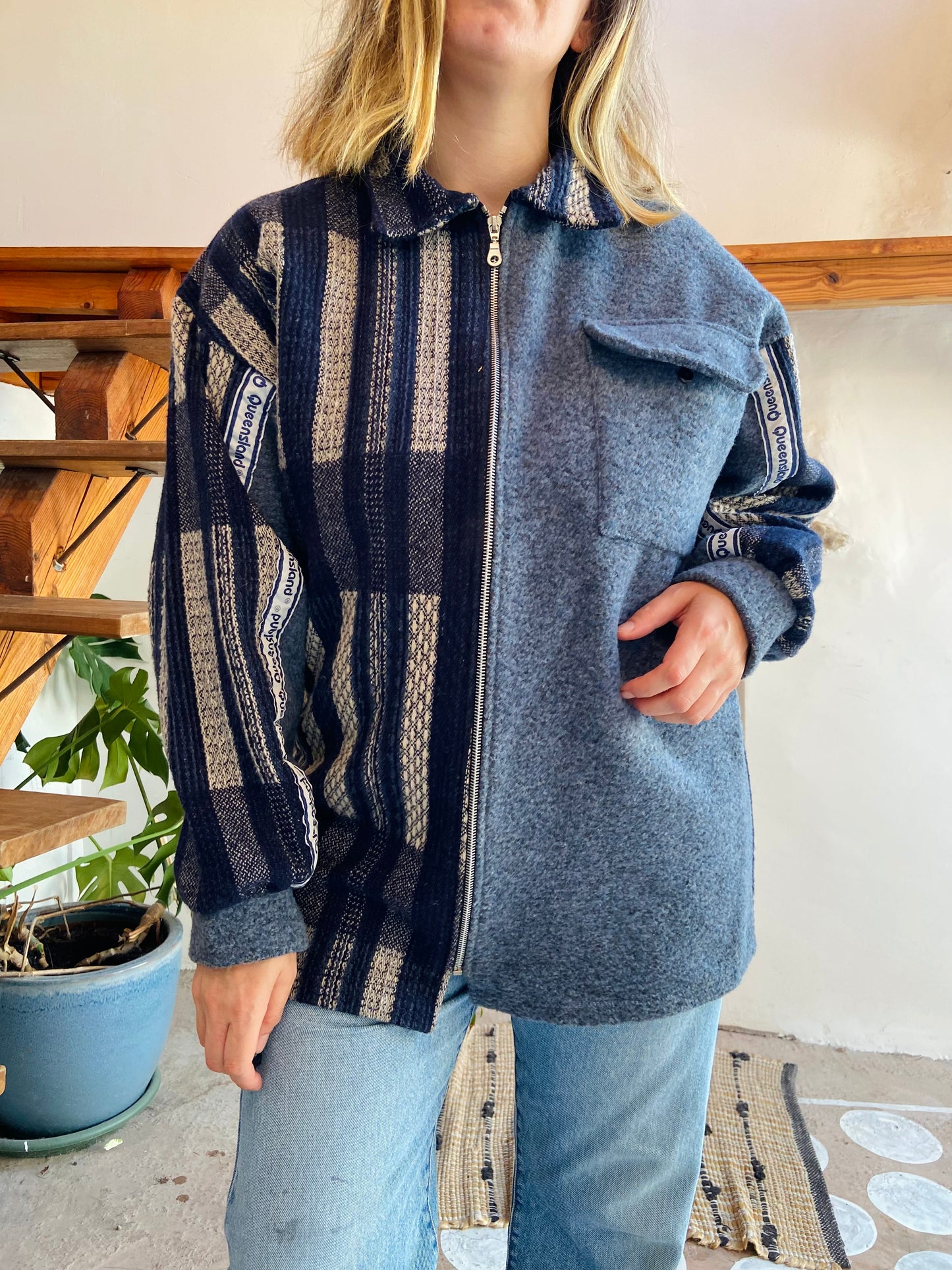 VINTAGE 90's Blue Hippie Woven Bohemian Zip Up Jacket - M