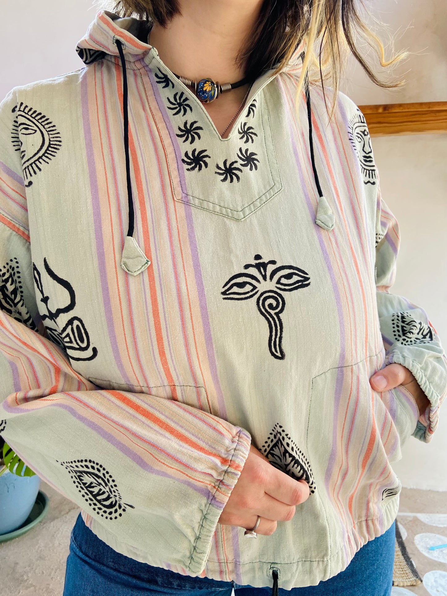 VINTAGE 90's Hippie Batik Long Sleeve Hooded Top - M/L
