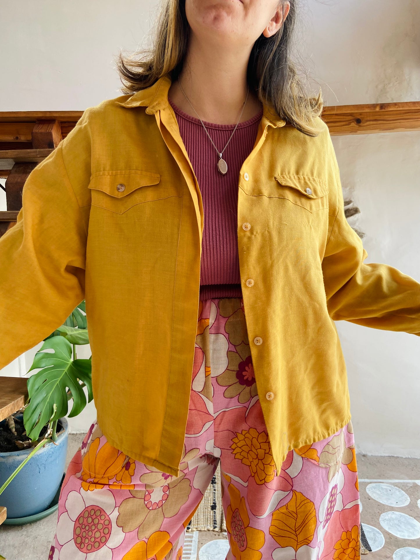 VINTAGE 70's Mustard Yellow Loose Long Sleeve Shirt - M/L