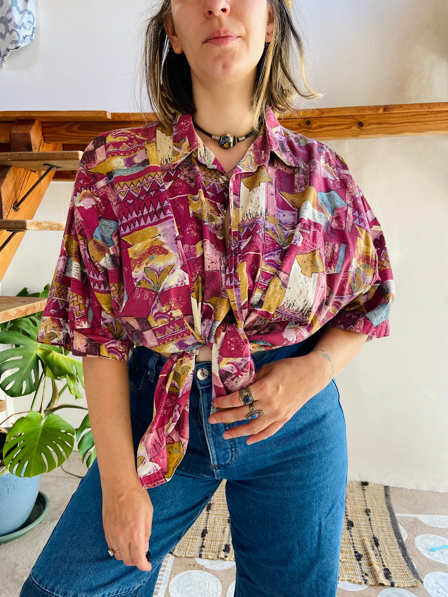 VINTAGE 90's Bohemian Pattern Purple Short Sleeve Shirt - L