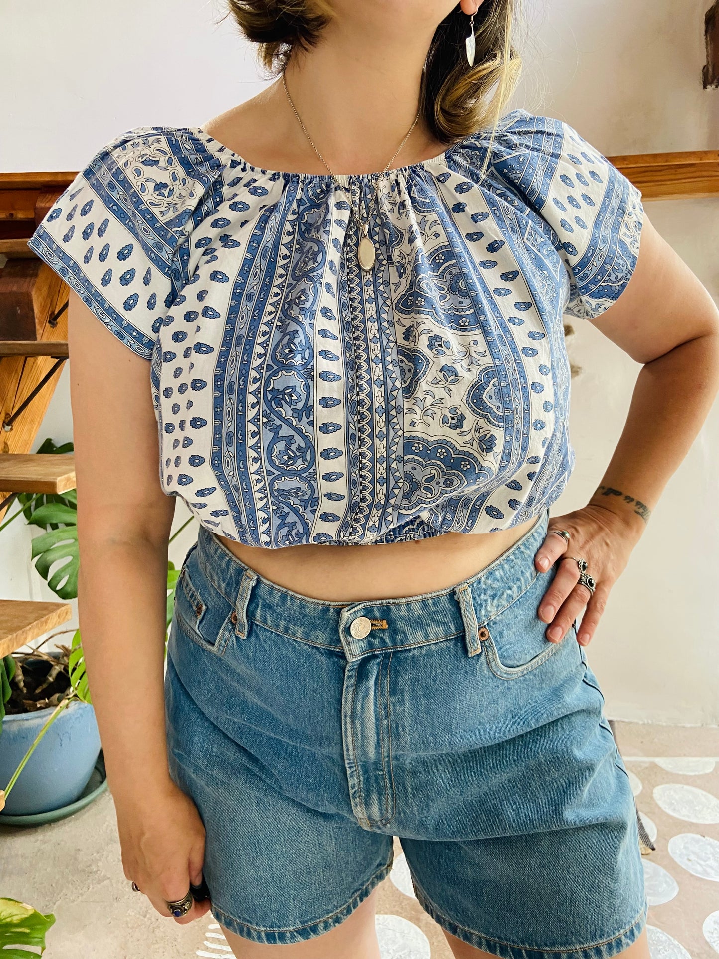 VINTAGE 90’s Provençal Blue Printed Off The Shoulder Top - M/L