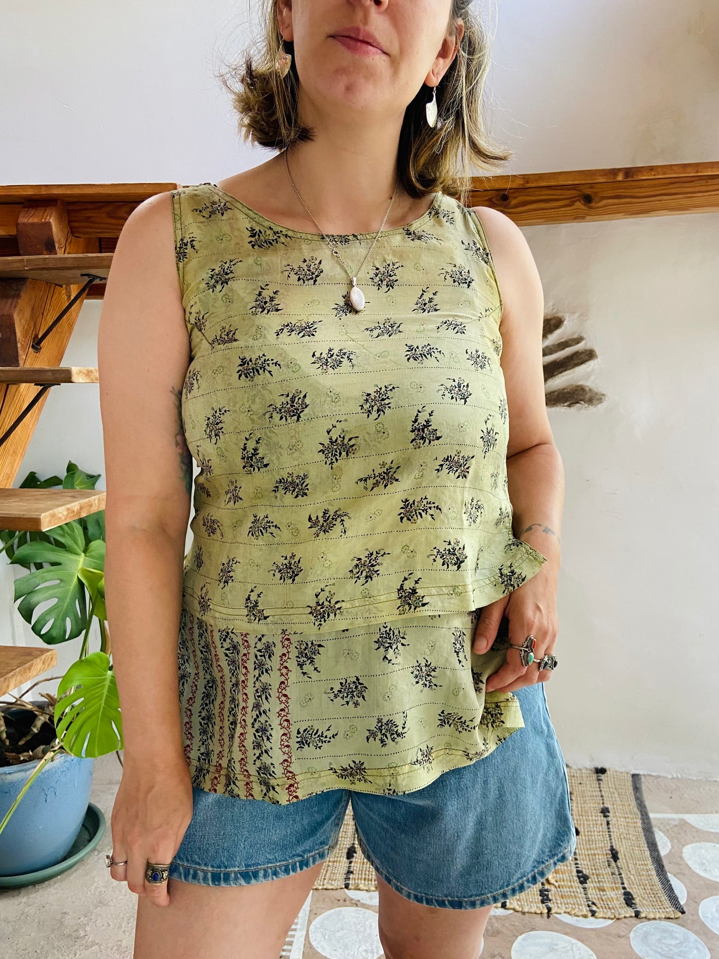 VINTAGE 90’s Hippie Silk Green Floral Tank Top - S