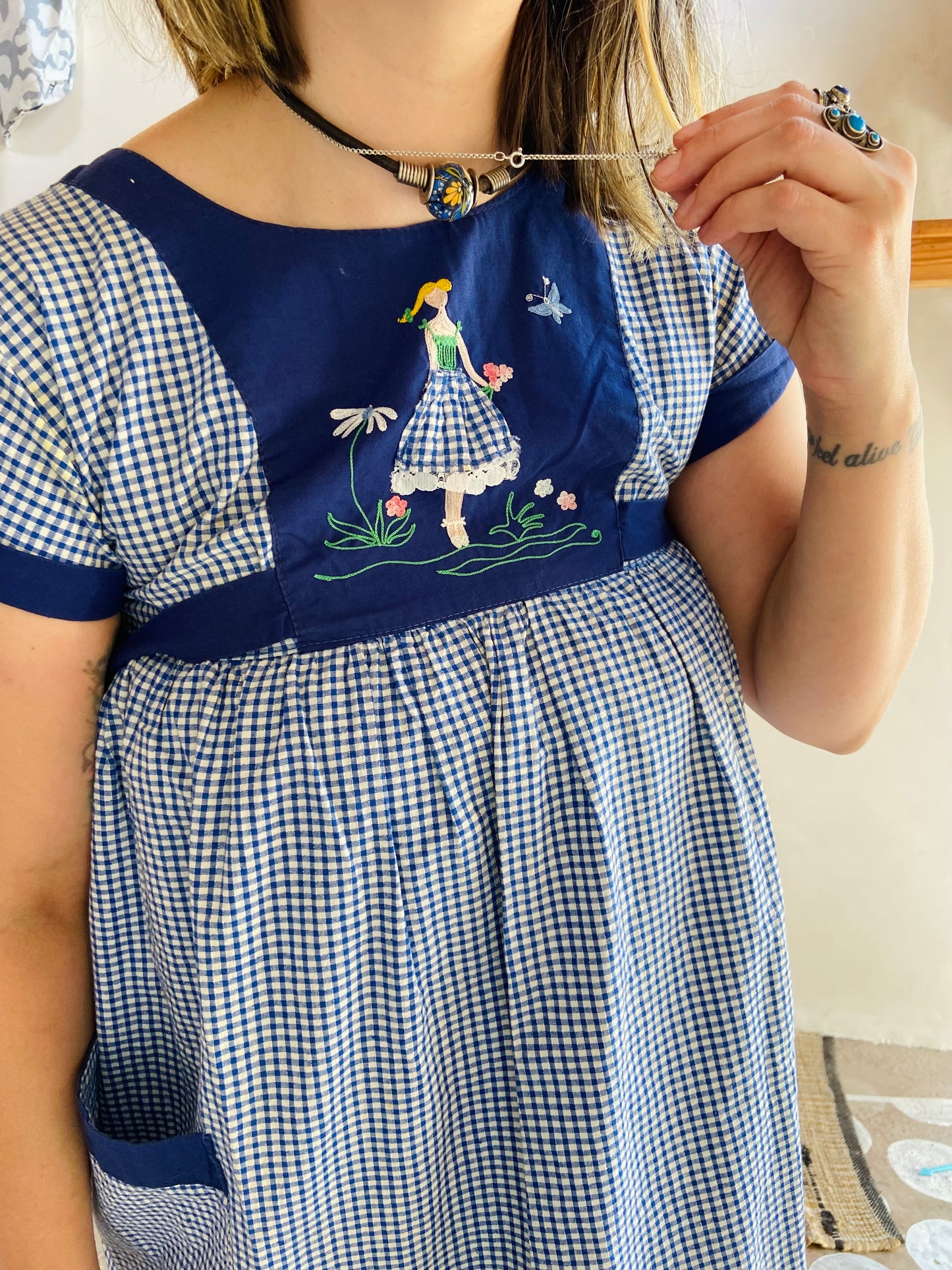 VINTAGE 70's Blue Embroidered Gingham Midi Dress - S/M