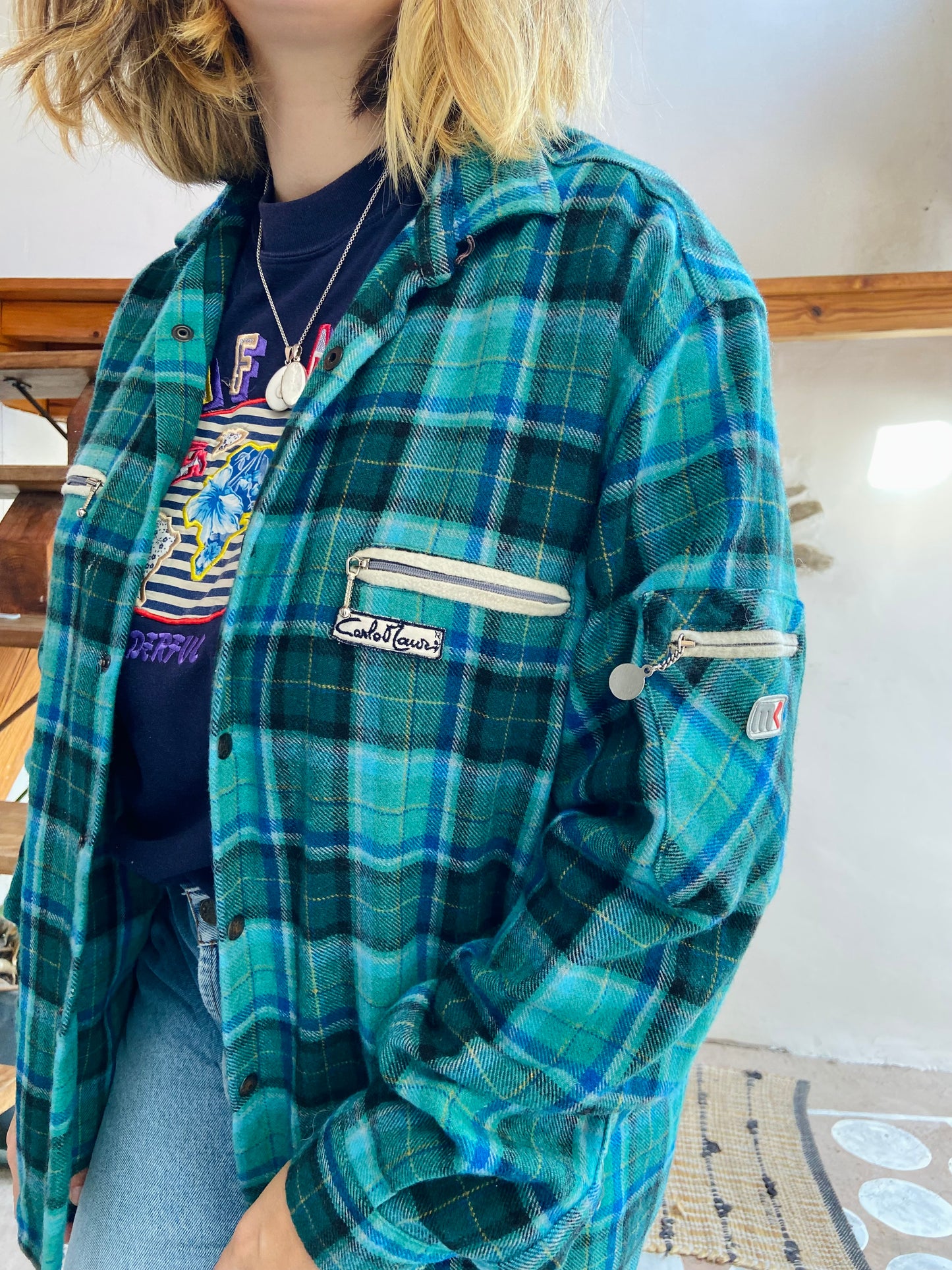 VINTAGE 90’s Flannel Checked Blue & Green Long Sleeve Shirt - L