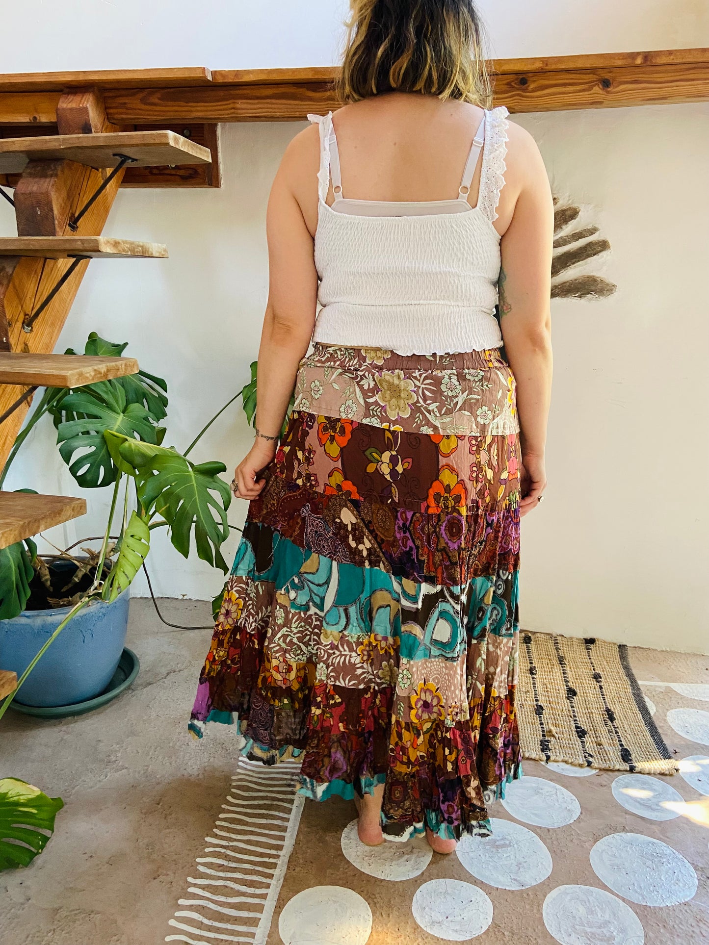 VINTAGE 90's Bohemian Patchwork Ruffle Maxi Skirt - L
