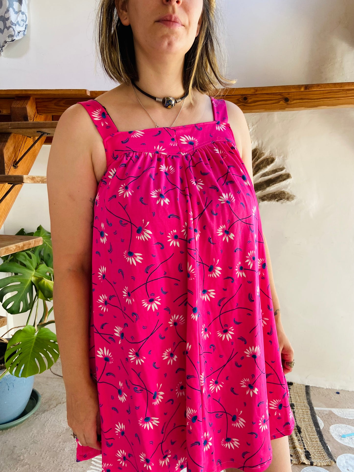 VINTAGE 90's Bright Pink Floral Mini Dress - M/L