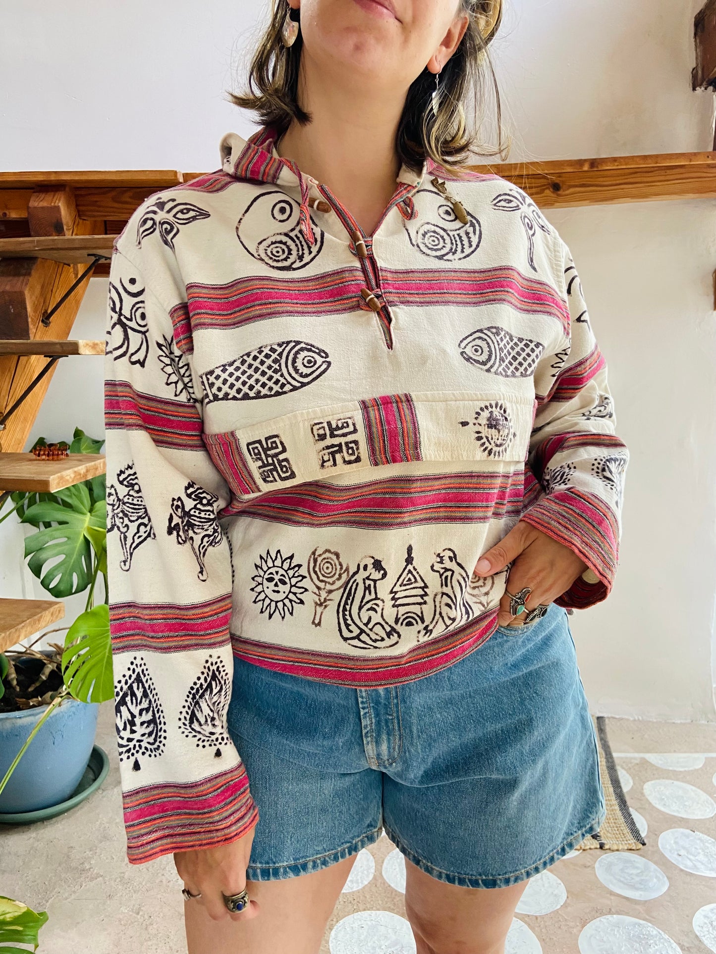 VINTAGE 90’s Hippie Stripe Peruvian Hooded Top - M