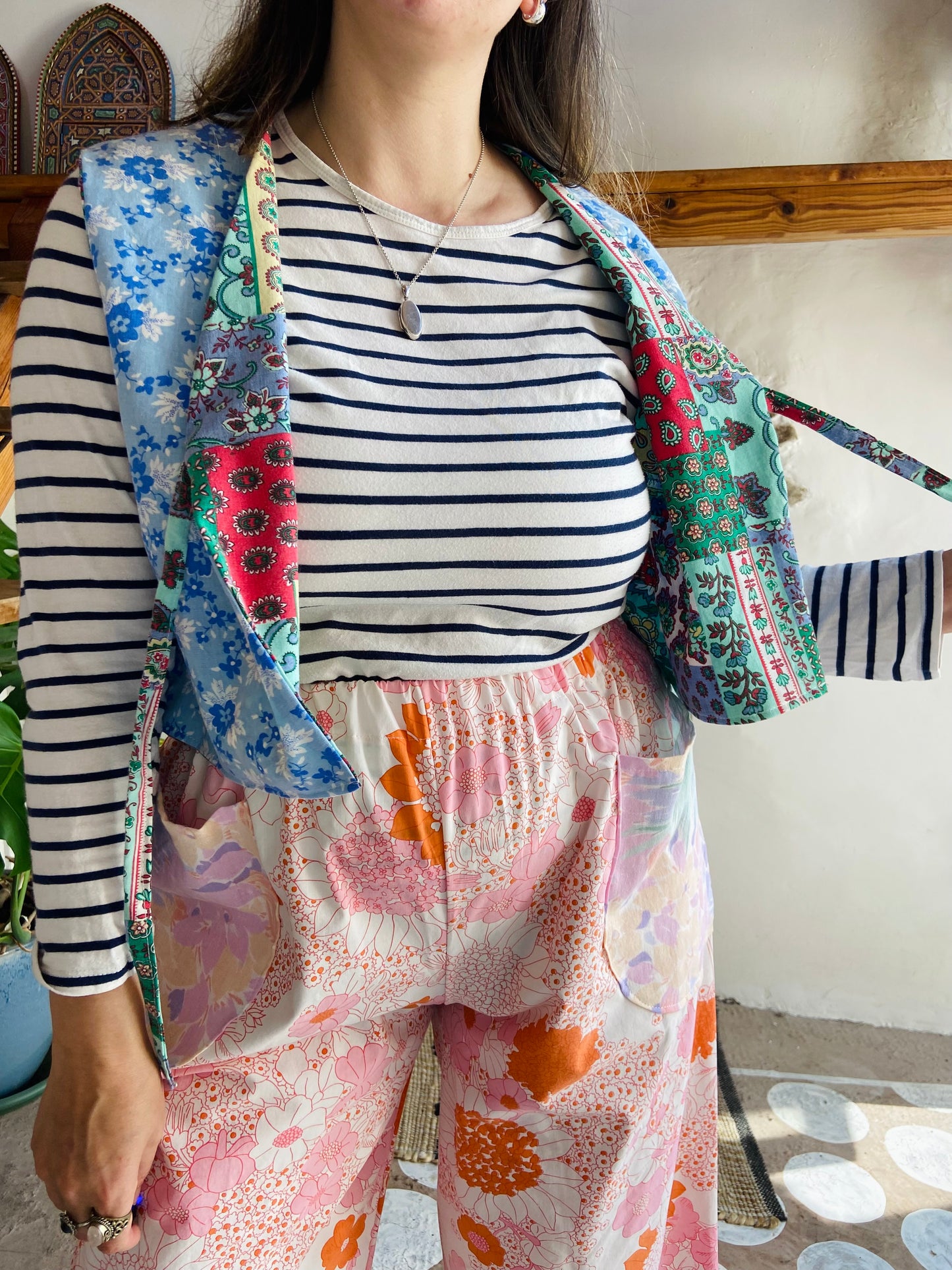 DESERT FOX Patchwork Provencal & Blue Floral Reversible Waistcoat - S/M