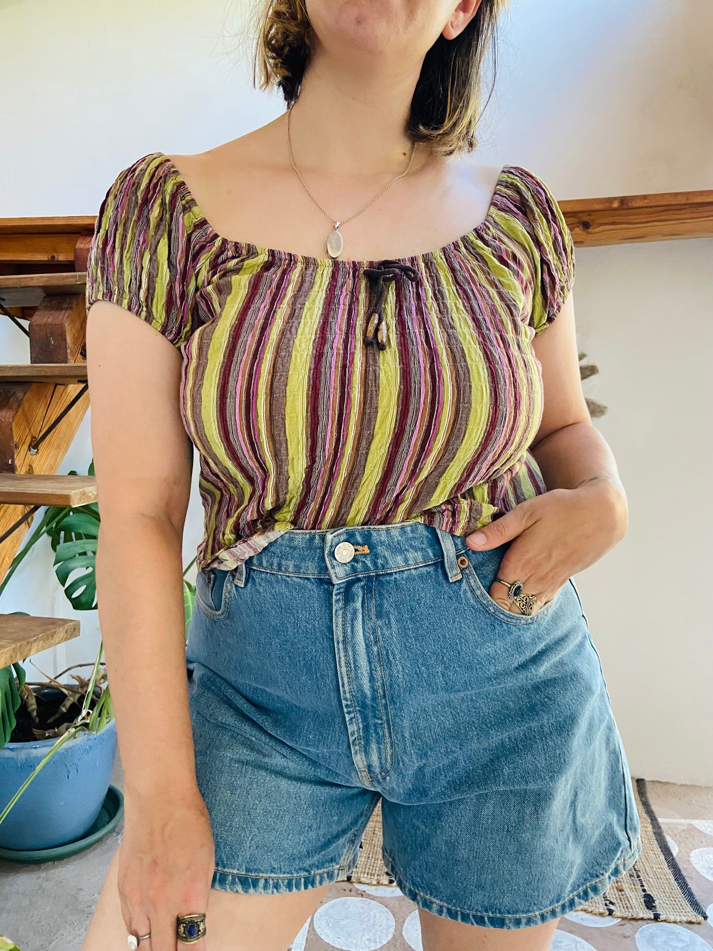 VINTAGE 90's Stripe Green & Purple Top - S/M