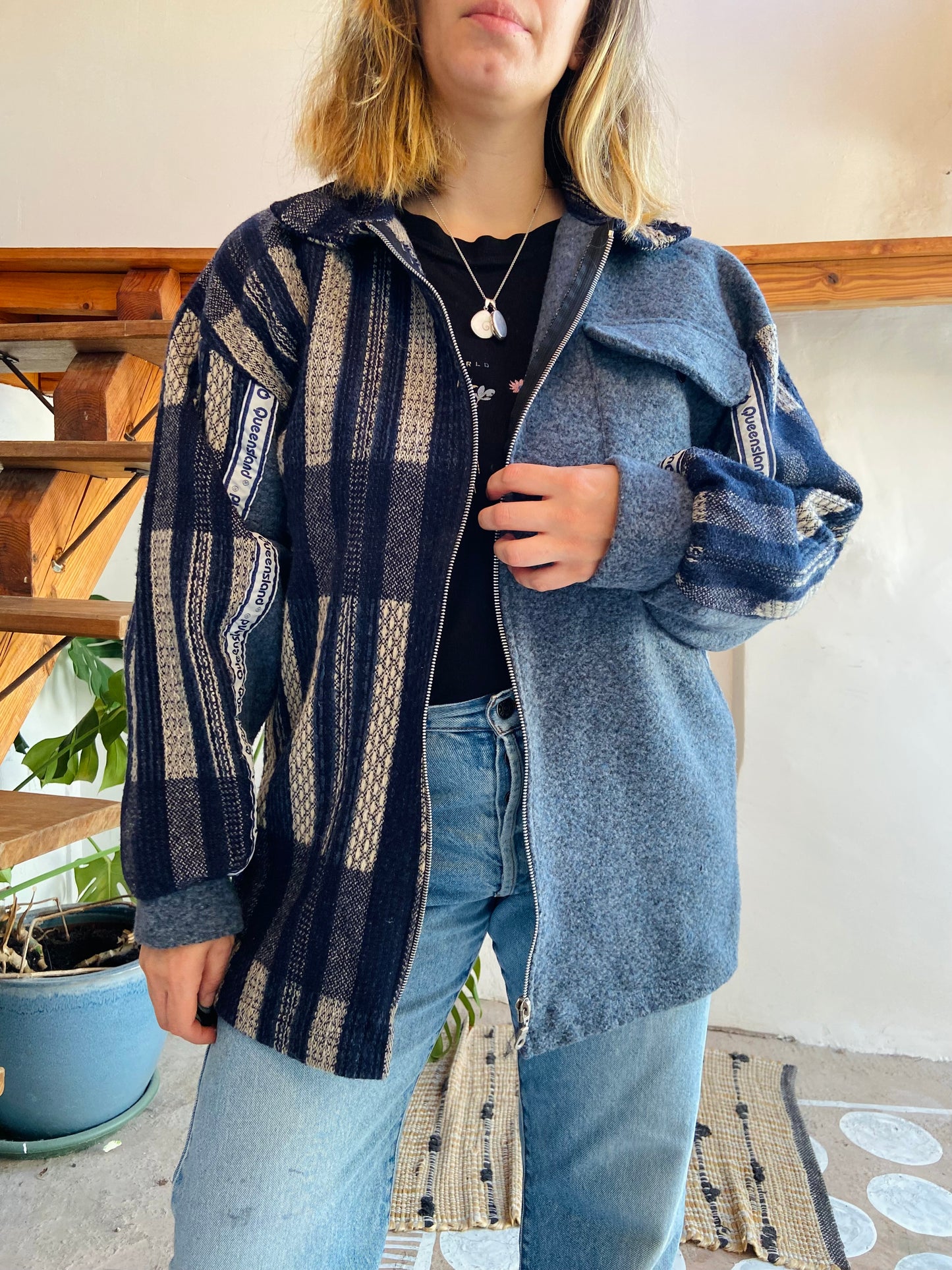 VINTAGE 90's Blue Hippie Woven Bohemian Zip Up Jacket - M