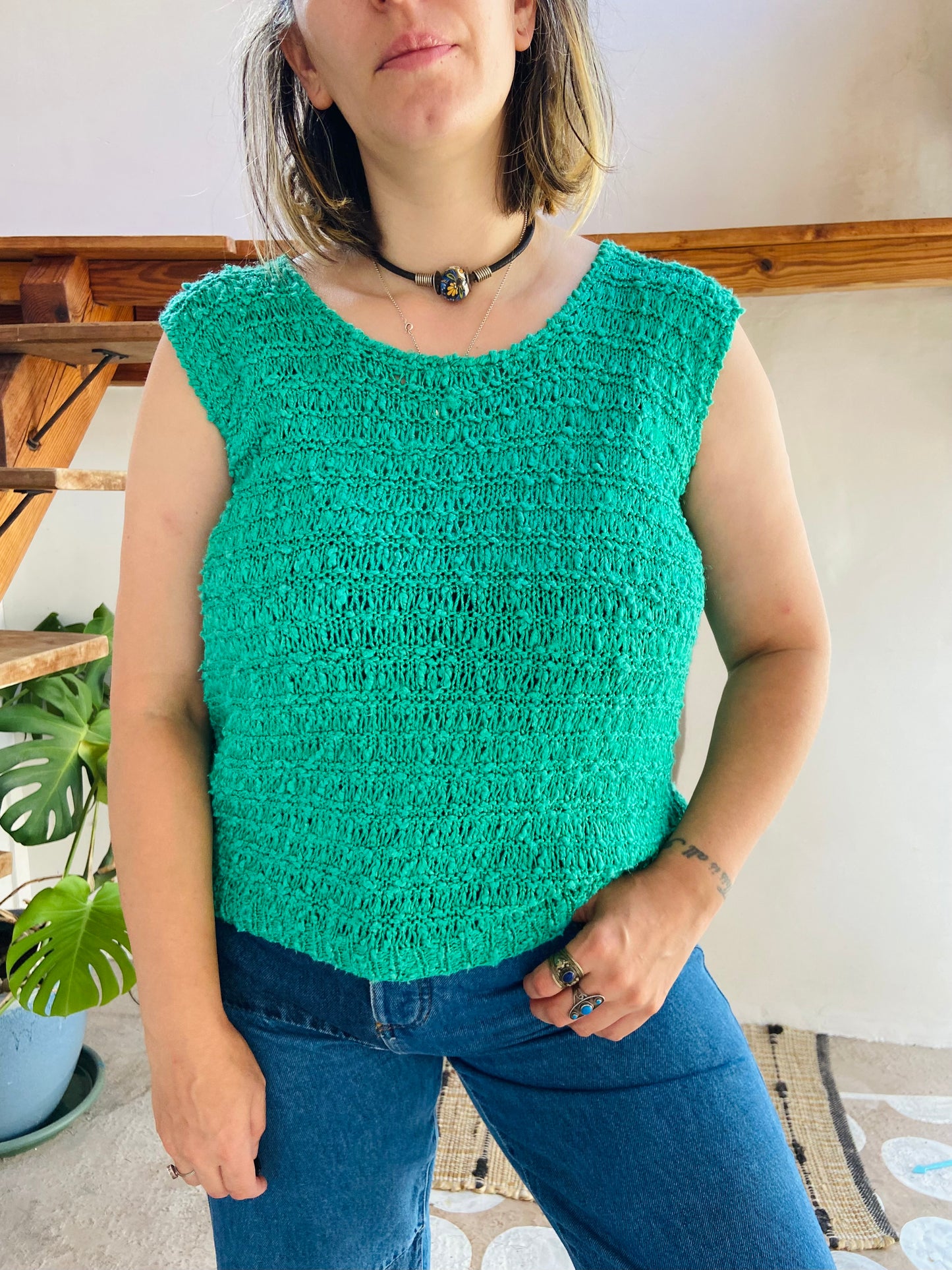 VINTAGE 80's Green Knitted Sleeveless Top - M/L