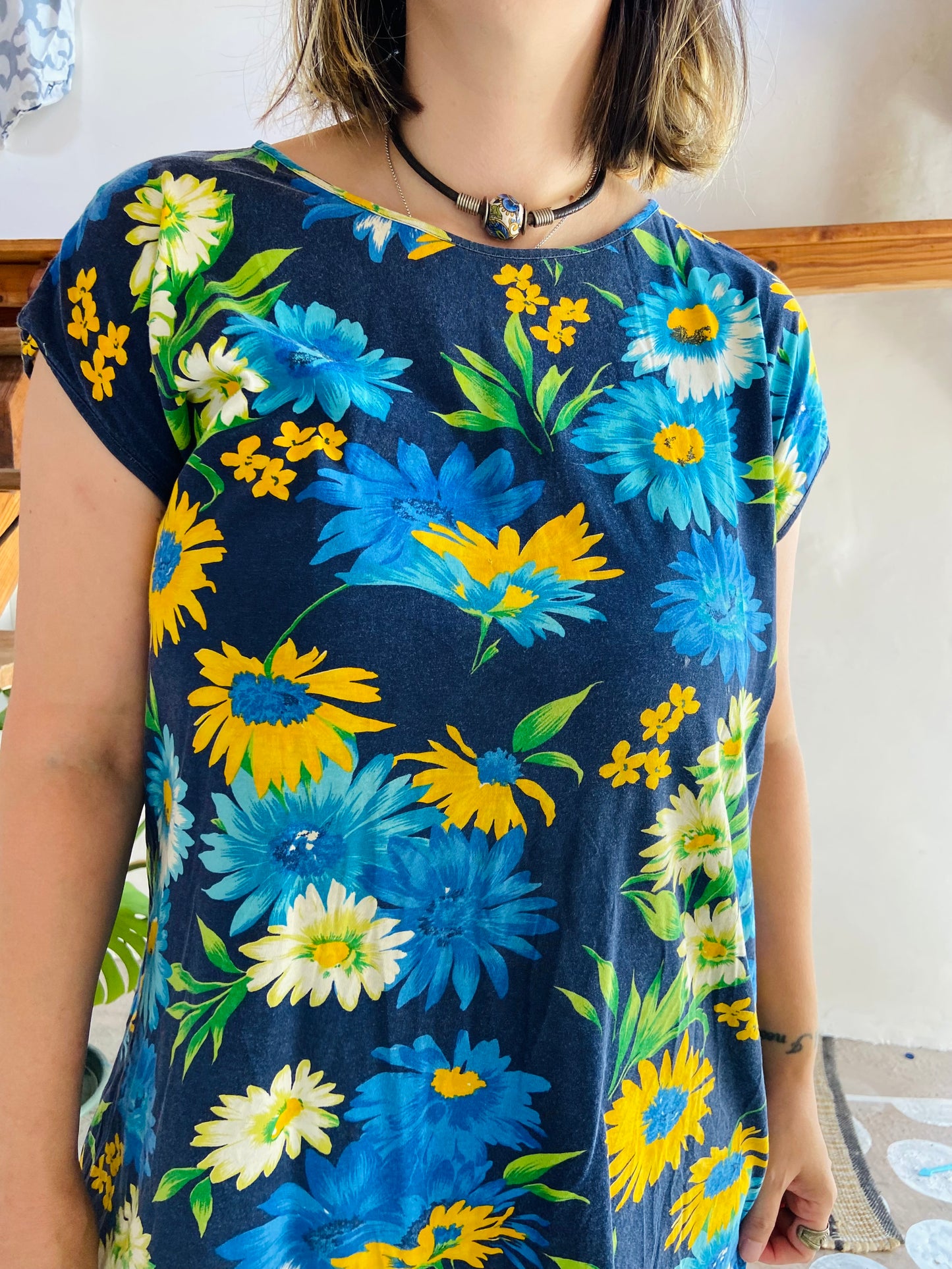 VINTAGE 90's Blue & Green Floral Loose Mini Dress - L