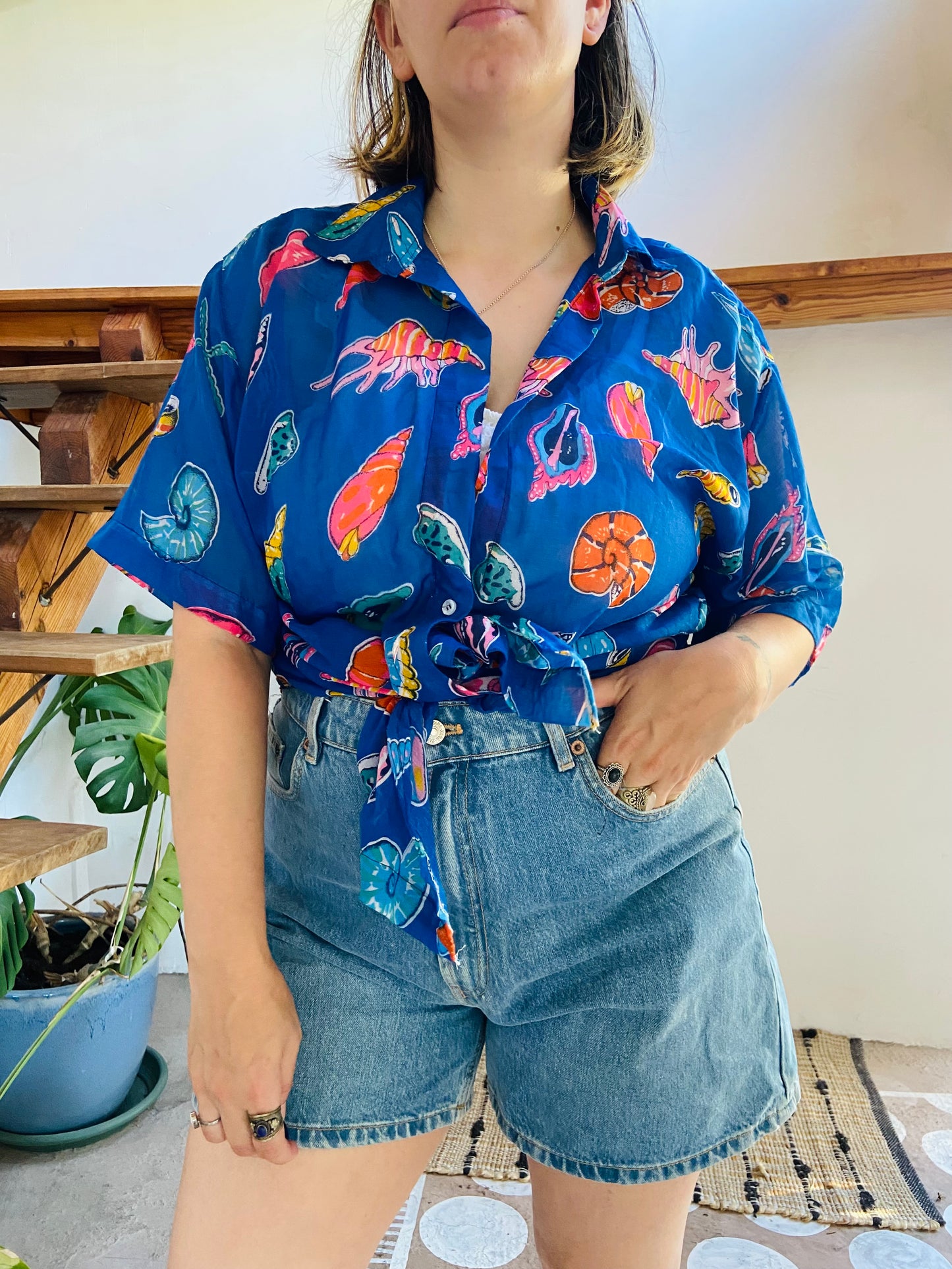 VINTAGE 90's Sea Shell Print Loose Floaty Shirt - L